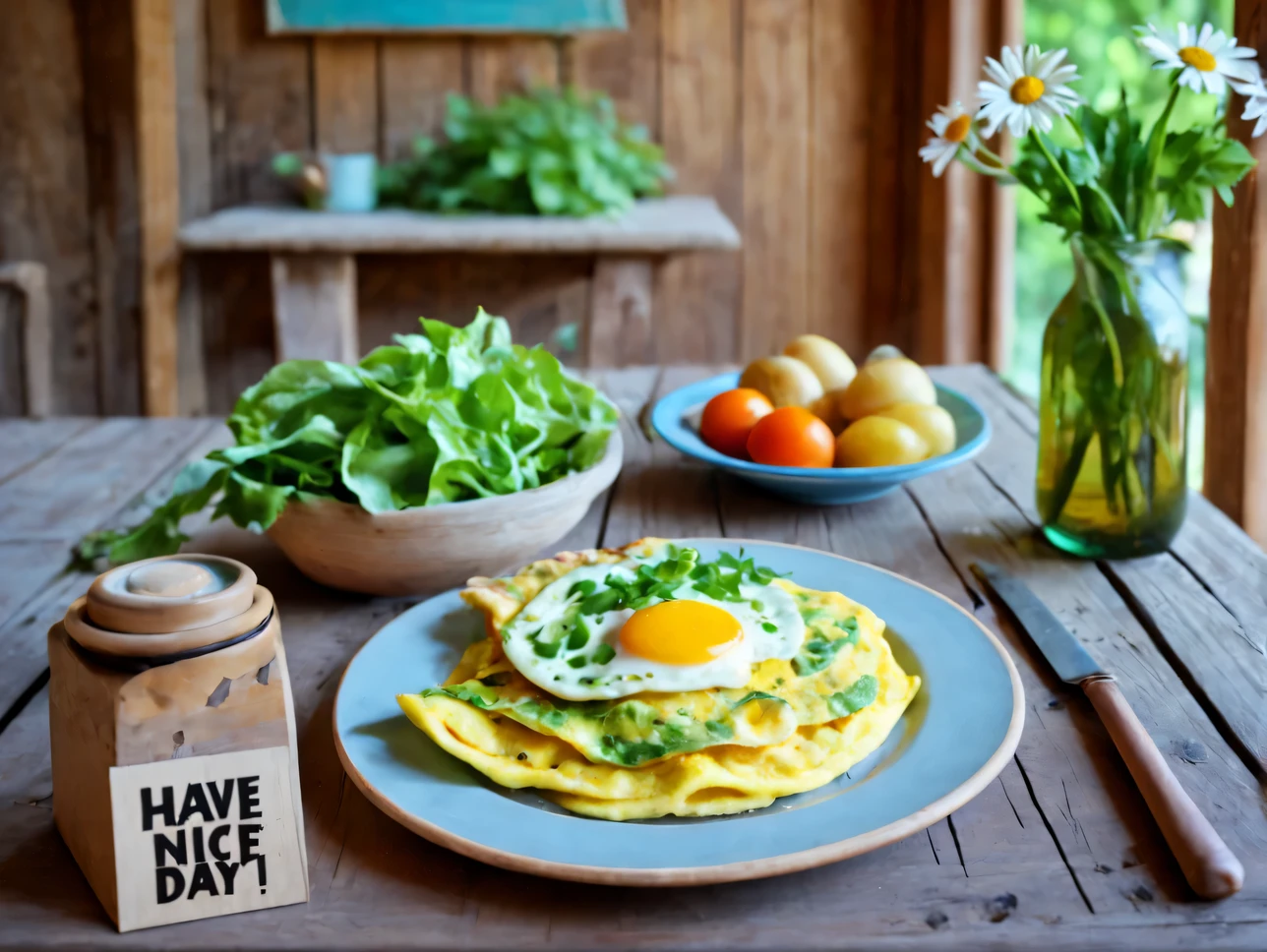 (professional photography:1,6), rough wooden table in a wooden house, on the table there is a beautiful clay plate with breakfast, omelette on a plate surrounded by chopped vegetables and lettuce, next to it is a beautiful painted vase with a bouquet of daisies., light oozes from the side but you can’t see it from where, ray tracing, shadows from objects, fragrant steam from breakfast, looks appetizing and tasty, photo for illustration, professional photo, there is a postcard with text on the table "Have a good day!"