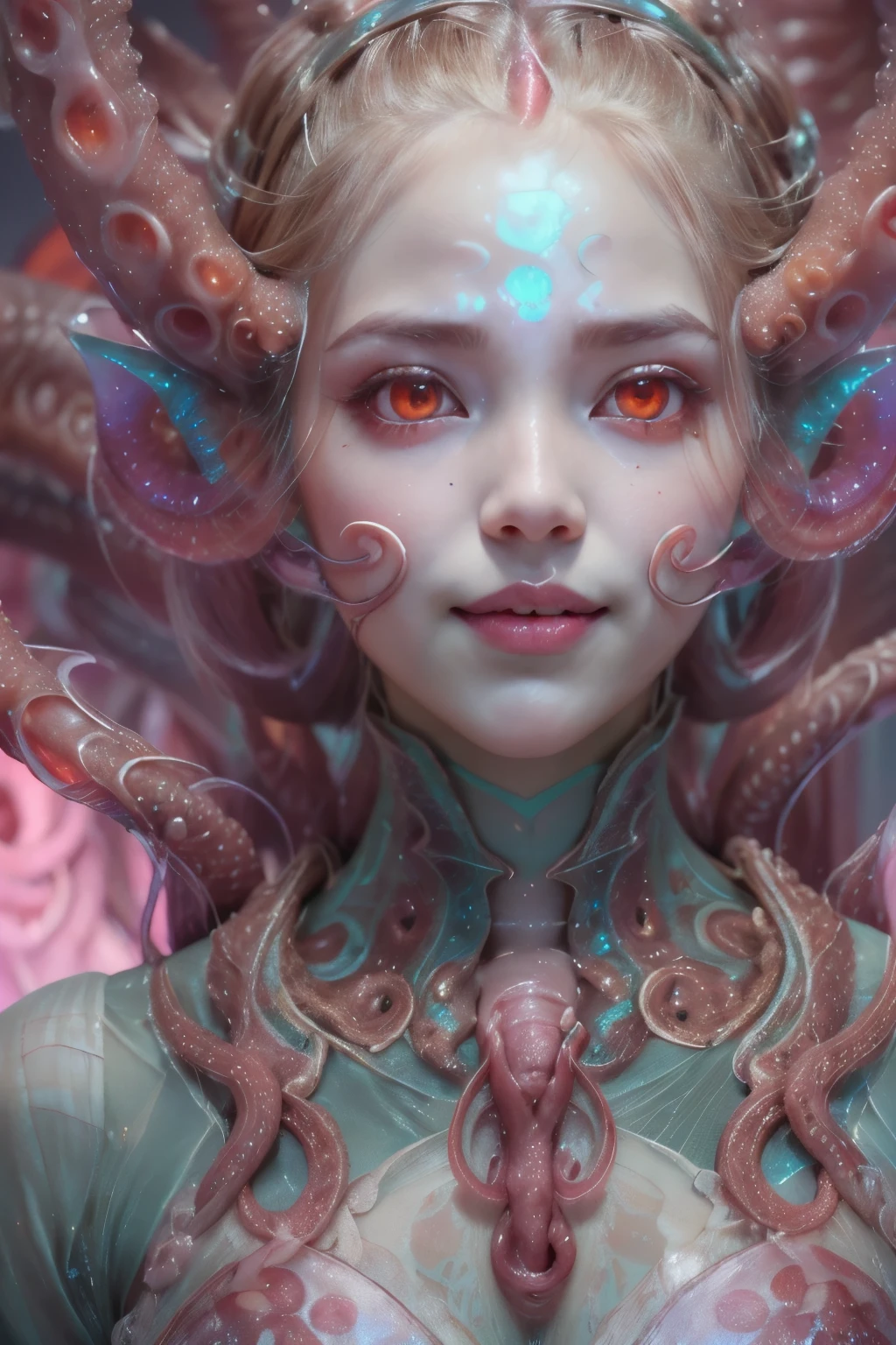 scary and sexy detailed art in color, Portrait, (beautiful and obscene female alien:1.4), (vulgarity1.5), (she has glowing red eyes with no pupils:1.8), (Translucent skin:1.7), ((There is a female genital-like organ in the middle of the forehead:1.9)), (The most beautiful face in the history of the universe:1.2),an evil gaze that seduces, (large mouth:1.1), (sharp teeth like a vampire:1.2), Full body portrait, (bio luminescent:1.5), (Smile wickedly:1.3), (sexypose:1.5), incredibly beautiful matured alien, (she has unparalleled beauty:1.5), No humans, cells are fused, (Lots of translucent tentacles:1.6) extraterrestrial, cell, bio image, best quality, 8K,In 4K_quality, High freshness, Dramatic Lighting, masterpiece:1.5, cinematic quality, detail up, (exquisite details:1.2), high resolution, High freshness, drawing faithfully, (Thick eyebrows:1.2), Beautiful eyes with fine symmetry, (Highly detailed face and eyes:1.2), (Super detailed skin quality feeling:1.1), perfect anatomy, (Beautiful toned body:1.5), (Moist skin:1.2), not wearing makeup, (dark circles:1.1), long canines, cinematic drawing of characters, ultra high quality model, cinematic quality, detail up, (exquisite details:1.2), high resolution, High freshness, drawing faithfully, official art, Unity 8K Wall , 8K Portrait, best quality, Very high resolution, ultra detailed artistic photography, midnight aura, unreal engine 5, Ultra Sharp Focus, art by Amano Yoshitaka, ArtGerm, Roisch, intricate artwork, best quality, masterpiece, ultra high resolution, (photos realistic:1.4), ultra realistic realism, dream-like, nautilus, Creation of fantasy, Dream Snail, (biopunk nautilus:1.3),Thrilling color schemes, ultra realistic realism, seductively smiling, (white tentacles with stripes:1.2), subtle emerald green accents, (expression of ecstasy:1.6) , in the dark, she has snake-like eyes