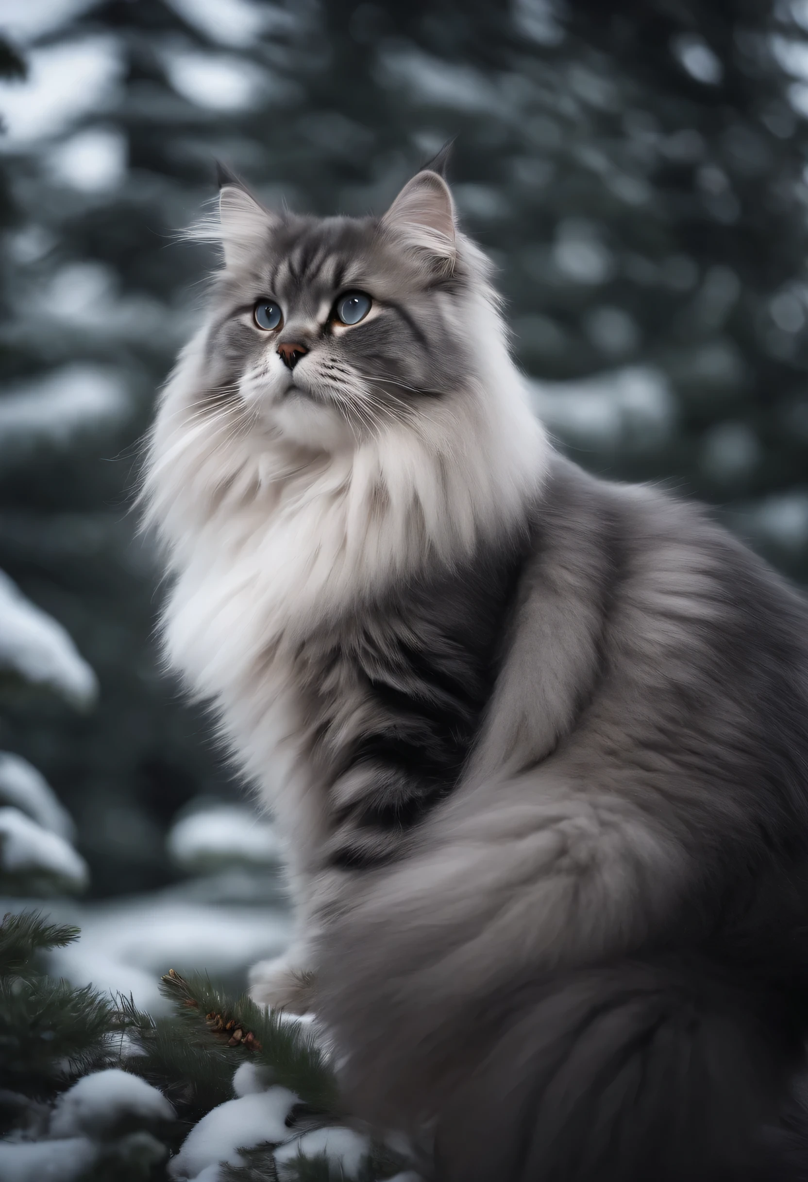 Giant fluffy silver and black Siberian cat, Snow and pine tree background, soft light, original photo, masterpiece, 8k wallpaper