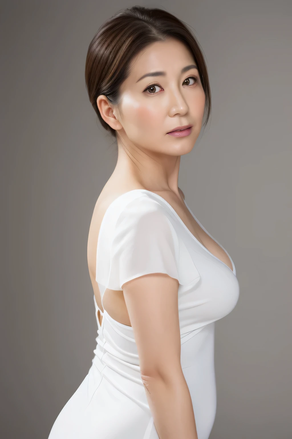 High resolution, High level image quality, high detail, masterpiece, rough skin, anatomically correct, sharp, 
gray background, 
((japanese mature, 40 years old)), alone, ((facial wrinkles)), good shape big breasts, Straight light brown hair that reaches to the shoulders, Chubby body type
((stand with your back turned、look at the viewer with a serious face)), Close your mouth and look straight ahead with a serious face, 
Transparent white tight dress, 
full body photo, 