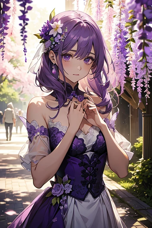 {{{{masterpiece}}}}, {{{super detailed}}}, {{{High resolution}}}, {{excellent anatomy}}, (((highest quality))), ((very delicate and beautiful)), {{very detailed and delicate}}, {8k cg wallpaper},best style、beautiful woman、The most beautiful woman in the world、Purple water面に紫色の花が咲いている, soft purple glow, Purple background, Purple light, purple wisteria forest, Dynamic lighting for the wisteria season, art, Purple lights, Purple lighted street, shining purple, Purple cherry blossoms are raining everywhere, The blossoming path to heaven, purple glow、Purple water、purple reflective water surface、purple light