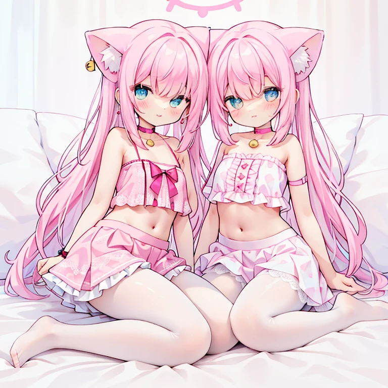 (PastelColors:1.3)、(Cute illustration:1.3)、 (pink and white theme:1.5), (fake pink cat ears:1.4), (tweed pink strapless short camisole with lace-up:1.4), ((bare shoulder, navel, bare belly):1.3), (shoulder strap with ruffles:1.4), (tweed micro pink tiered skirt with ruffles:1.4), (white pantyhose:1.2), (pink choker with bell:1.3), (earrings with bell:1.2), (pink heeled pumps:1.1),