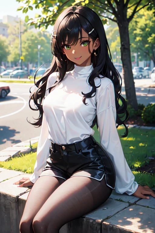 (Masterpiece: 1.5, best quality, high resolution: 1.3, super resolution, super detailed, ultra detailed: 1.3, rich background: 1.2, 1 woman)) dark skin + black hair + long wavy hair + green eyes + long eyelashes + no fringe + beauty point under the eye + feminine body + small chest + wide hips + thick thighs (wide long-sleeved shirt, high shorts, dark pantyhose, simple accessories, pretty casual style, hair clip) ((smiles, sitting on a sidewalk, sunlight, trees in the background) (colors of clothing and accessories: white, black, cream, lime green, red)
