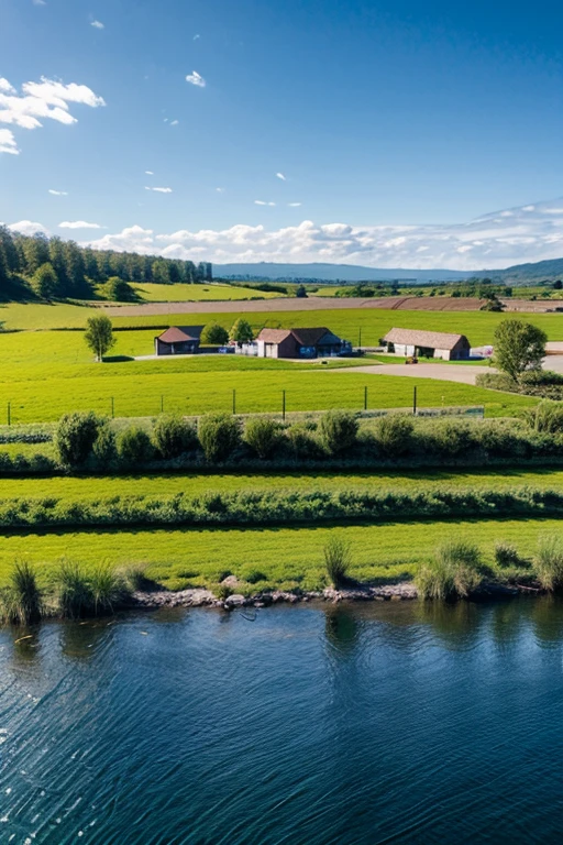 small town, sunny day, blue skies, grass fields, vibrant lake,