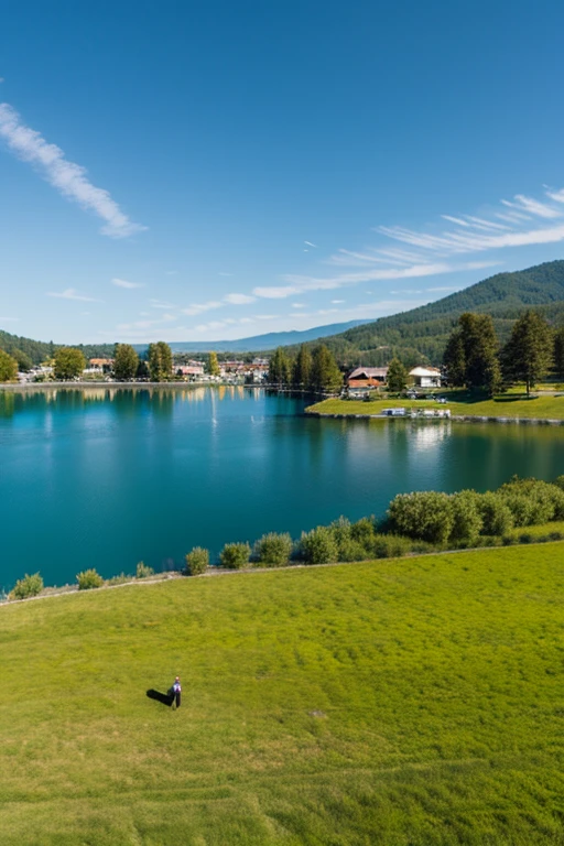 small town, sunny day, blue skies, grass fields, vibrant lake,