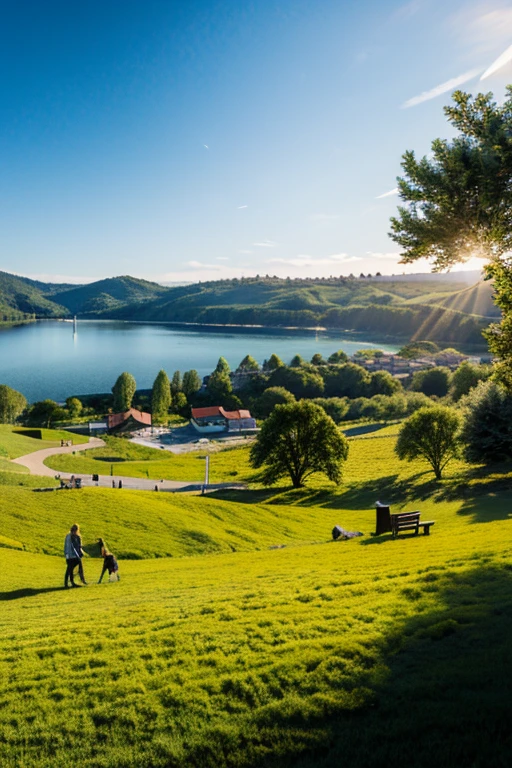 small town, sunny day, blue skies, grass fields, vibrant lake,
