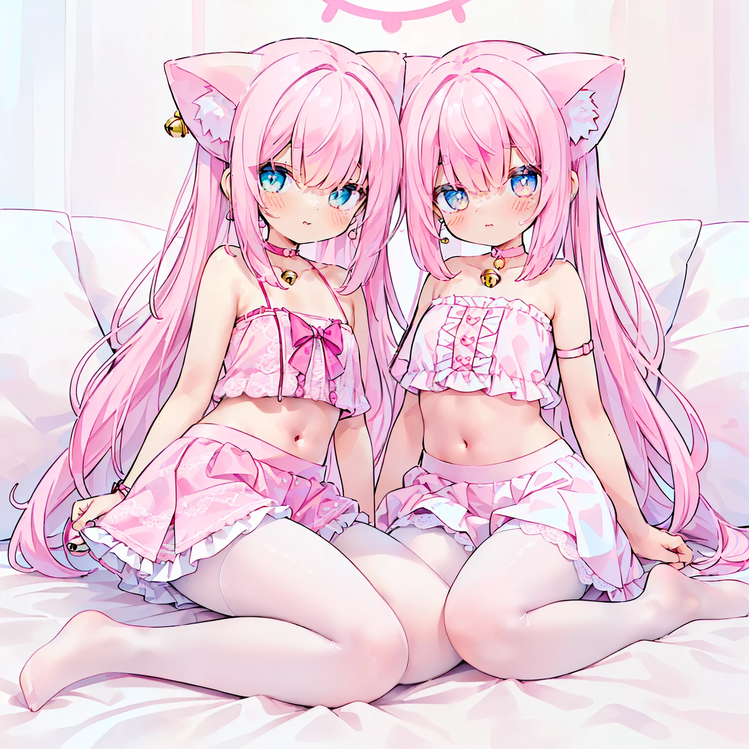 Browsing Caution,Two Girls,Lying down,((Raise both legs)),panties,Have sex,Light blue hair,Light pink hairstyles，Cat ear，Pink Eyes，light blue lolita，White socks，,Pink ribbon,Laughing with your mouth open,Best image quality,Highest quality