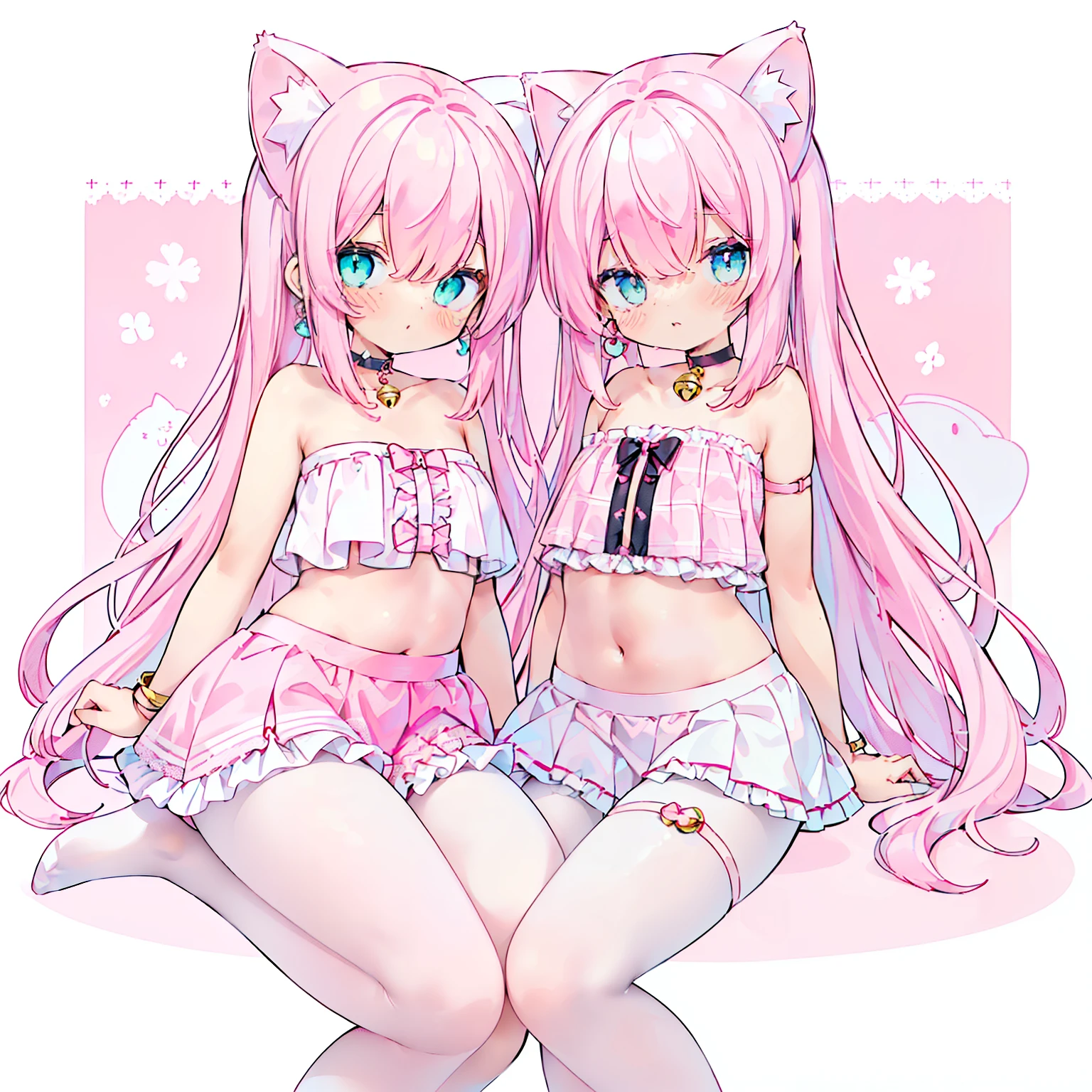 (PastelColors:1.3)、(Cute illustration:1.3)、 (pink and white theme:1.5), (fake pink cat ears:1.4), (tweed pink strapless short camisole with lace-up:1.4), ((bare shoulder, navel, bare belly):1.3), (shoulder strap with ruffles:1.4), (tweed micro pink tiered skirt with ruffles:1.4), (white pantyhose:1.2), (pink choker with bell:1.3), (earrings with bell:1.2), (pink heeled pumps:1.1),