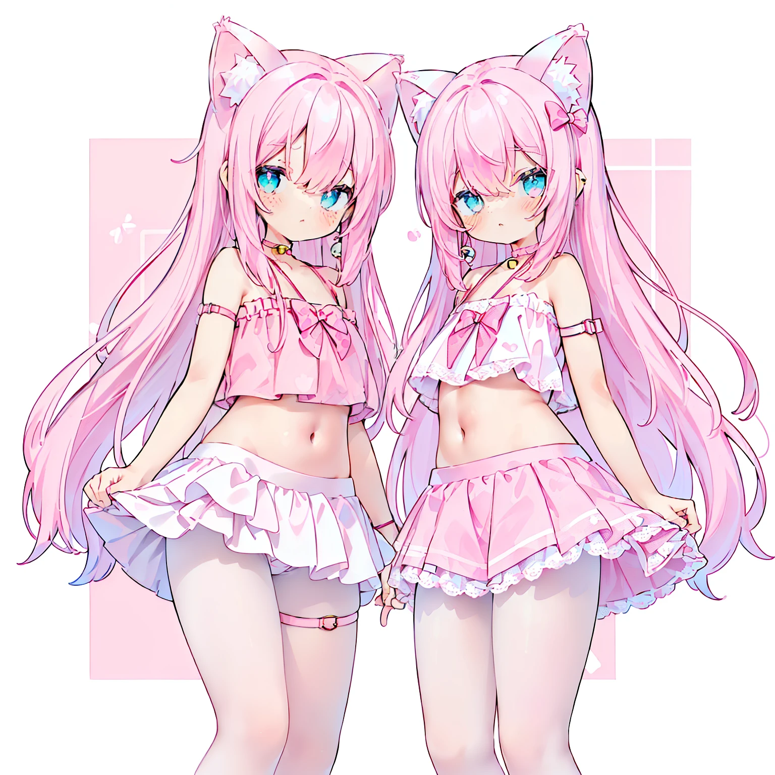 (PastelColors:1.3)、(Cute illustration:1.3)、 (pink and white theme:1.5), (fake pink cat ears:1.4), (tweed pink strapless short camisole with lace-up:1.4), ((bare shoulder, navel, bare belly):1.3), (shoulder strap with ruffles:1.4), (tweed micro pink tiered skirt with ruffles:1.4), (white pantyhose:1.2), (pink choker with bell:1.3), (earrings with bell:1.2), (pink heeled pumps:1.1),