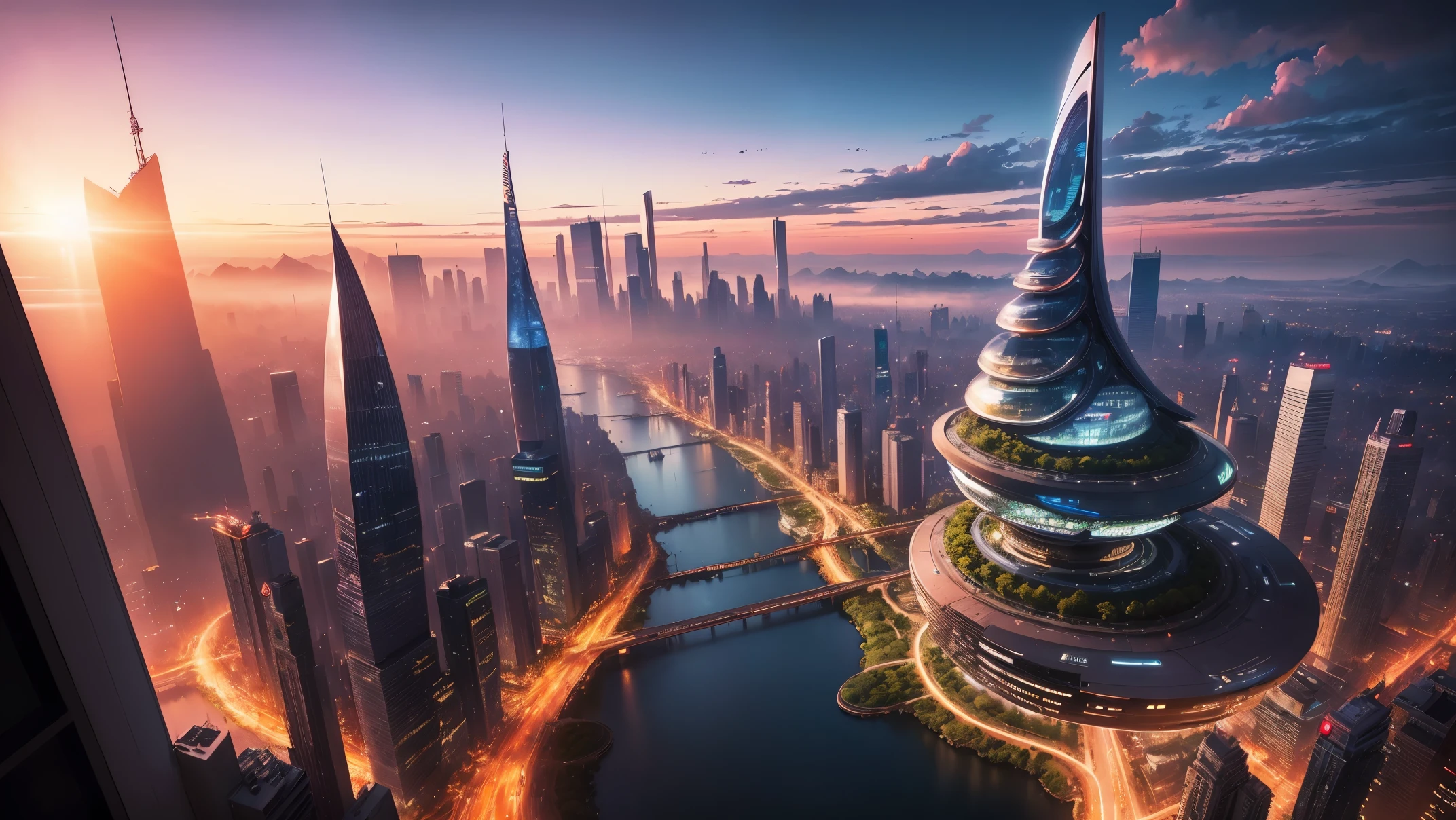 (Best quality,4K,8K,A high resolution,Masterpiece:1.2),Ultra-detailed,(Realistic,Photorealistic,photo-realistic:1.37),Futuristic floating sky city,Futuristic technology,Huge urban high-tech tablet platform,Airship,Floating in the sky,Futuristic city,Small airships around,High-tech hemispherical platform,Colorful lights,Advanced architecture,Islamic architecture,modern architecture,skyscraper,Access the cloud,Scenic beauty,view over city,Impressive design,Blend seamlessly with nature,energetic and vibrant atmosphere,Futuristic transportation system,Parking is suspended,Transparent path,Lush greenery,Sky gardens,cascading waterfalls,Magnificent skyline,reflections on the water,Sparkling river,Architectural innovation,futuristic skyscrapers,Transparent dome,The shape of the building is unusual,Elevated walkway,Impressive skyline,Glowing lights,Futuristic technology,Minimalist design,Scenic spots,Panoramic view,Cloud Piercing Tower,Vibrant colors,epic sunrise,epic sunset,Dazzling light display,magical ambiance,The future city,Urban Utopia,LuxuryLifestyle,Innovative energy,sustainable development,Smart city technology,Advanced infrastructure,Tranquil atmosphere,Nature and technology live in harmony,Awesome cityscape,Unprecedented urban planning,Architecture connects seamlessly with nature,High-tech metropolis,A cutting-edge engineering marvel,The future of urban living,Visionary architectural concept,Energy-efficient buildings,Harmony with the environment,A city floating above the clouds,Utopian dreams become reality,The possibilities are endless,State-of-the-art transportation network,Green energy integration,Innovative materials,Impressive holographic display,Advanced communication system,Breathtaking aerial view,Quiet and peaceful environment,Modernist aesthetics,Ethereal beauty