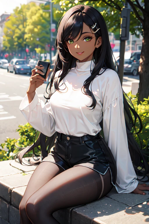 (Masterpiece: 1.5, best quality, high resolution: 1.3, super resolution, super detailed, ultra detailed: 1.3, rich background: 1.2, 1 woman)) dark skin + black hair + long wavy hair + green eyes + long eyelashes + no fringe + beauty point under the eye + feminine body + small chest + wide hips + thick thighs (wide long-sleeved shirt, high shorts, dark pantyhose, simple accessories, pretty casual style, hair clip) ((smiles, sitting on a sidewalk, sunlight, trees in the background) (colors of clothing and accessories: white, black, cream, lime green, red)