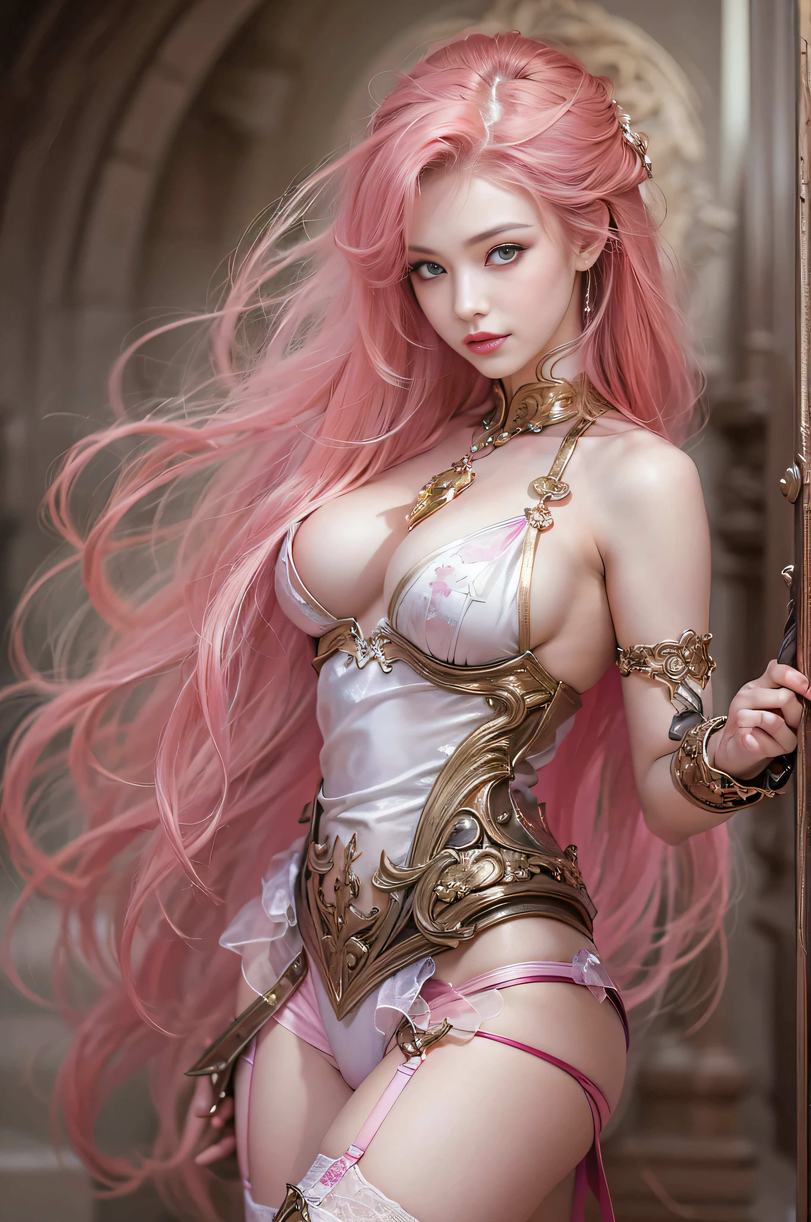 bright colors,((Masterpiece:1.4)、(Highest quality:1.4)、(realistic:1.7))、By Luis Royo(By Luis Royo)ภาพrealisticของbeautiful girl、beautiful girlสุดสวย、((1 girl came in:1.4))、skin'The texture has a natural shine...、Author:By Luis Royo(By Luis Royo)、Age 19、(two arms:1.4、Two legs:1.4)、(perfect anatomy:1.4)、(perfect woman'body:1.4)、Portrait of a young woman、close up、Take the whole body、((table top:1.4), (ที่มีHighest quality:1.4), (realistic:1.7), By Luis Royo, beautiful girl, beautiful girlสุดสวย, ((1 girl came in:1. 4), skin'The texture has a natural shine..., Author: By Luis Royo, Age 19 ปี, (perfect woman'body: 1.4), (perfect woman'body: 1.) 4), Portrait of a young woman, close up, (รูปTake the whole body), fantasy art, Weak headlights, beautiful expression, Cute face, Beautiful breasts, full breasts: 1. 2, Beautiful buttocks, good eyes, clear and eye-catching, beautiful and charming, beautiful eyes, Thin waist, raw photos, red lips, ((Pink Red Hair, long hair)) , 1 screen view, ), (Sexy Gestures), holding a golden fancy sword,(milky way in the sky),((T-back panties))、((White garter and garter))、(smile)、((Orchid vagina))、((Erection))