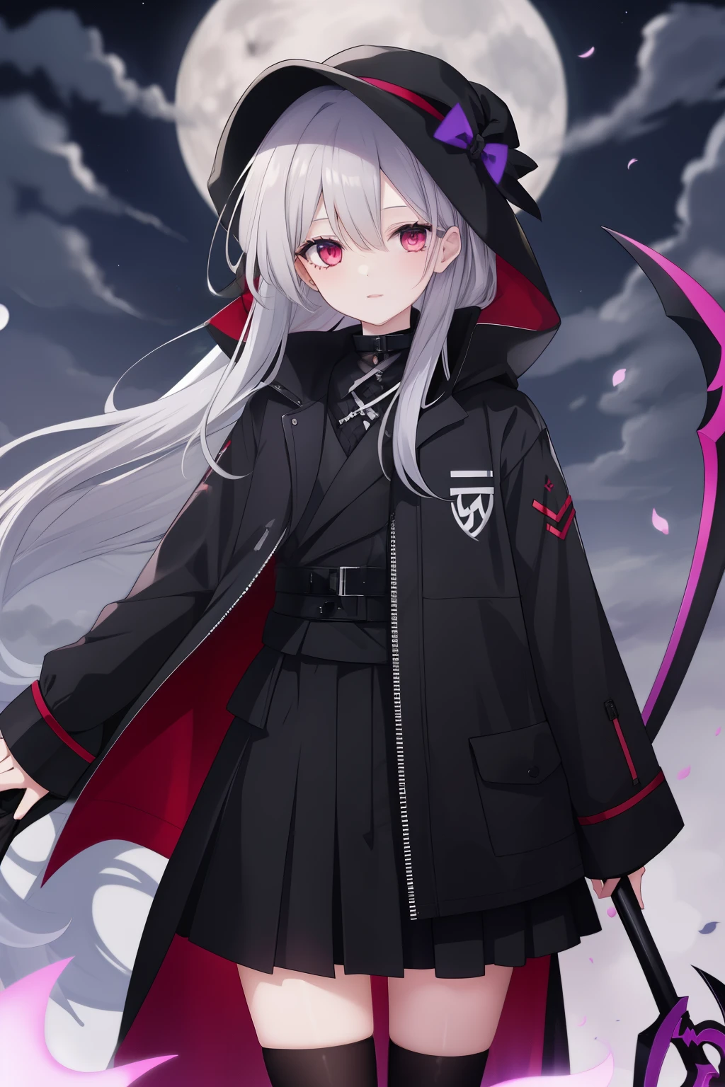 grim Reaper the scythe young girl gray hair Moonlight night
