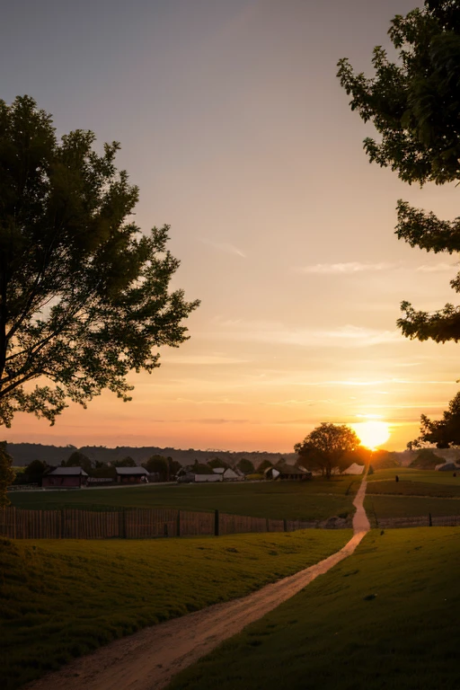 village, sunset, orange skies, trees, open dirt fields,