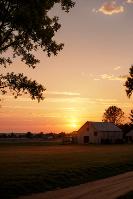 village, sunset,  orange skies, trees, open dirt fields,