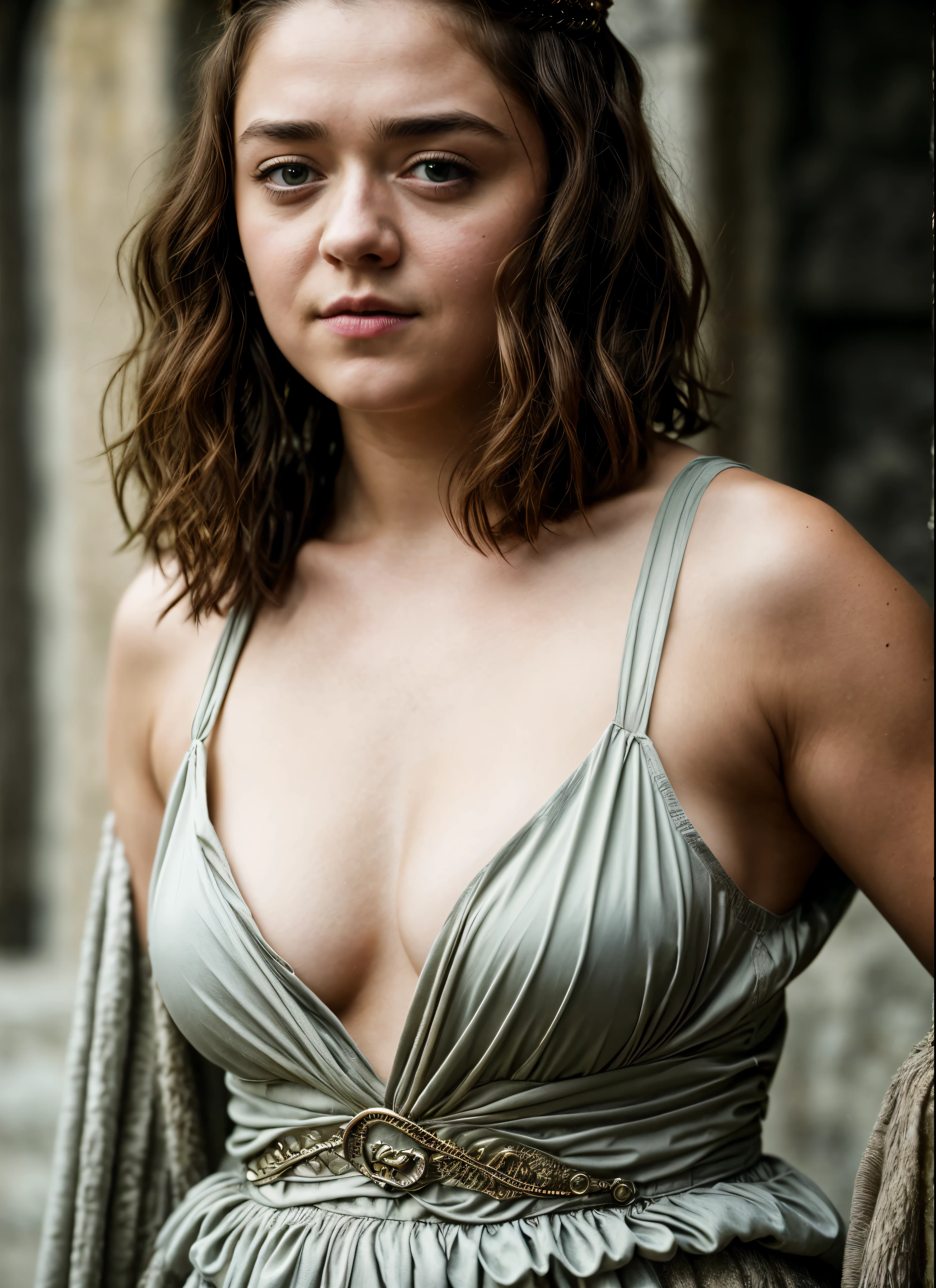 Foto RAW, Arya Stark, Extremely gorgeous lady, Arya Stark PLAYED BY MAISIE WILLIAMS, Queen Arya Stark, she a mature woman now, milf, sexy mediaeval battle dress, gladiator woman, body, 40 years old Woman, body revealing costumes, perky breast, big natural breast, erotic costumes, lusty physique, seductive figure can capture every people's attention, Game of thrones costumes, revealing captivating figure, Mediaeval costumes, revealing clothes, A tomboy, she would rather fence than dance, warrior queen , game of thrones screen caps, Game of Thrones Series, (pele altamente detalhada: 1.2), 8k UHD, DSLR, soft-lighting, alta qualidade, grain of film, Fujifilm XT3, flawless picture, highly detailed, detailed Beauty, intricate, 32k, sharp picture,