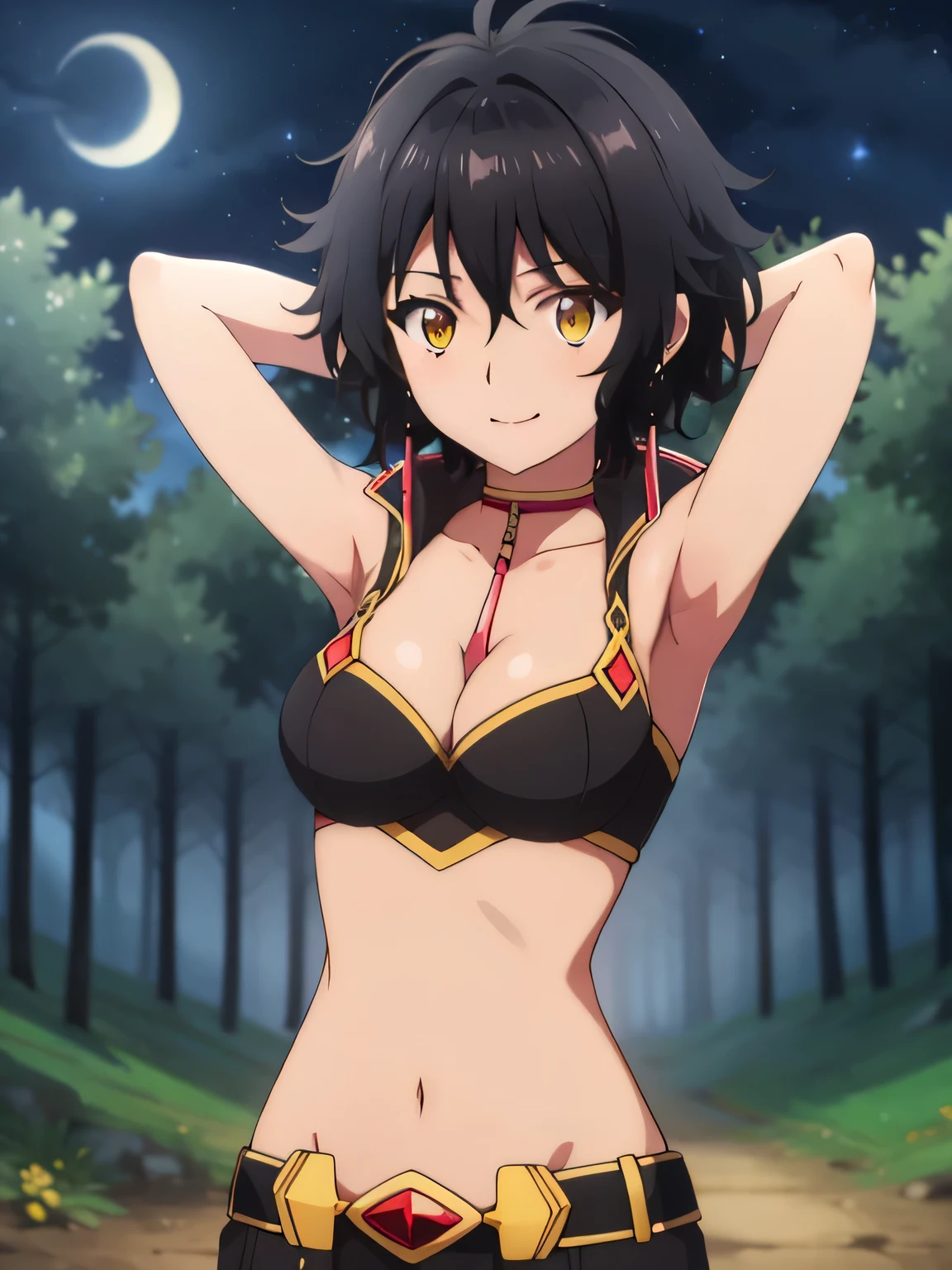 icm-lemia, dress, yellow eyes, black hair, short hair, earrings, choker, collarbone, medium breasts, solo, 1girl, highres, high quality, masterpiece, many details, closed_mouth, night sky, forest, arms behind head, spread armpits, midriff, contrapposto, cowboy shot, smile,