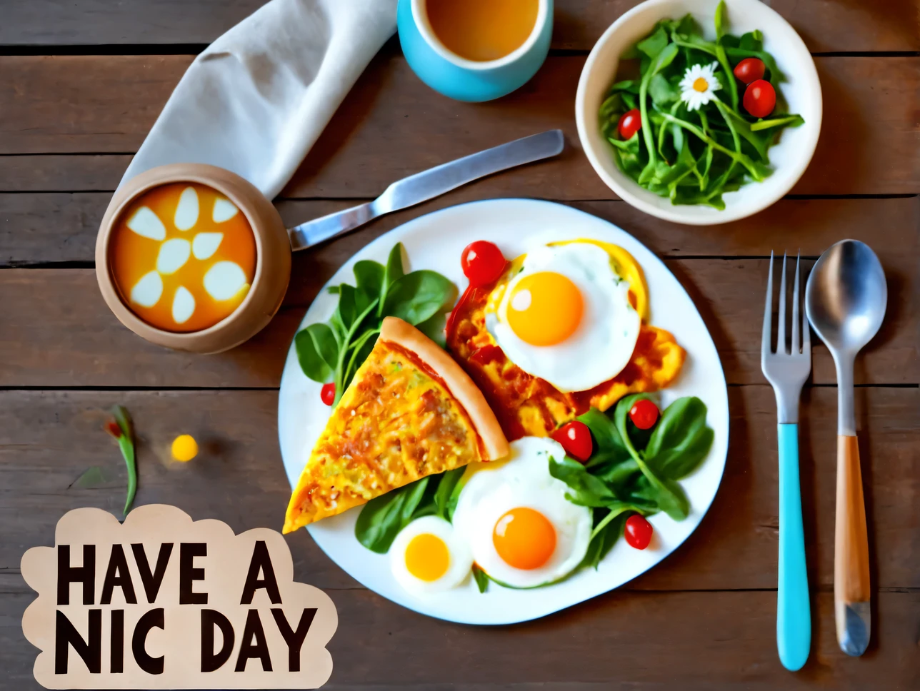 photo of a rustic breakfast on a wooden table in a wooden house, scrambled eggs and salad, fork and knife lie on a plate, next to it is a beautiful painted vase with a bouquet of daisies, postcard with text "Have a good day!" on the table, world, ray tracing, shadows from objects, fragrant steam from breakfast, looks appetizing and tasty, photo for illustration, professional photo