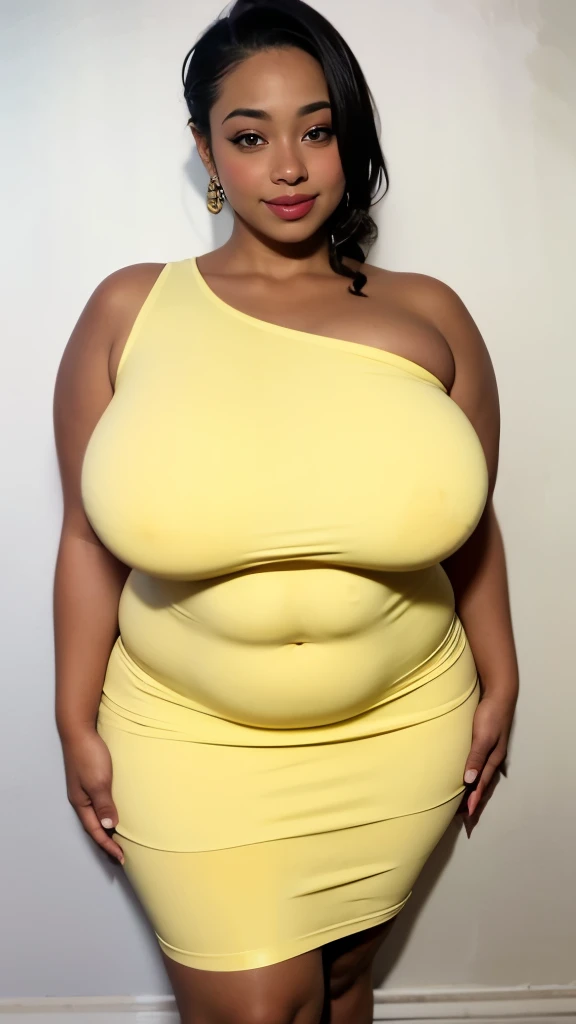 A woman wearing a yellow one-shoulder dress posing for a photo,(erotic smile)、thick, (Super Strong Super Huge gigantic breasts、Insanely bulging:1.5)、Thick serving、rubenesque, curved hourglass illustration, Curvaceous, Curvaceous, thick body, (skinny waist and thick hips,widehip、Insanely bulging ass:1.5)、tight dress, plus sizeの, thick build, thick, plus size, young woman, plus size woman, lady using yellow dress