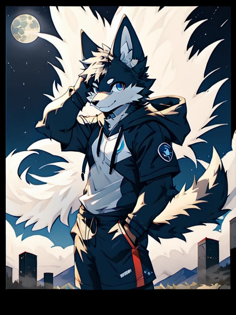 alone, Wolf, furry male, High, white fur, short hair, gray hair around forehead, (Light gray ear roots:1.2), (red ear tips:1.2), dark blue eyes, Big long tail, White tail tip, White arms, meat pad, (Light blue and white hoodie:1.1), short sleeves, black shorts, Glasses, stand, wave paw, night, dark sky, Large open balcony, distant mountains, modern city, dark sky, full moon, close up, whole body, detailed characters