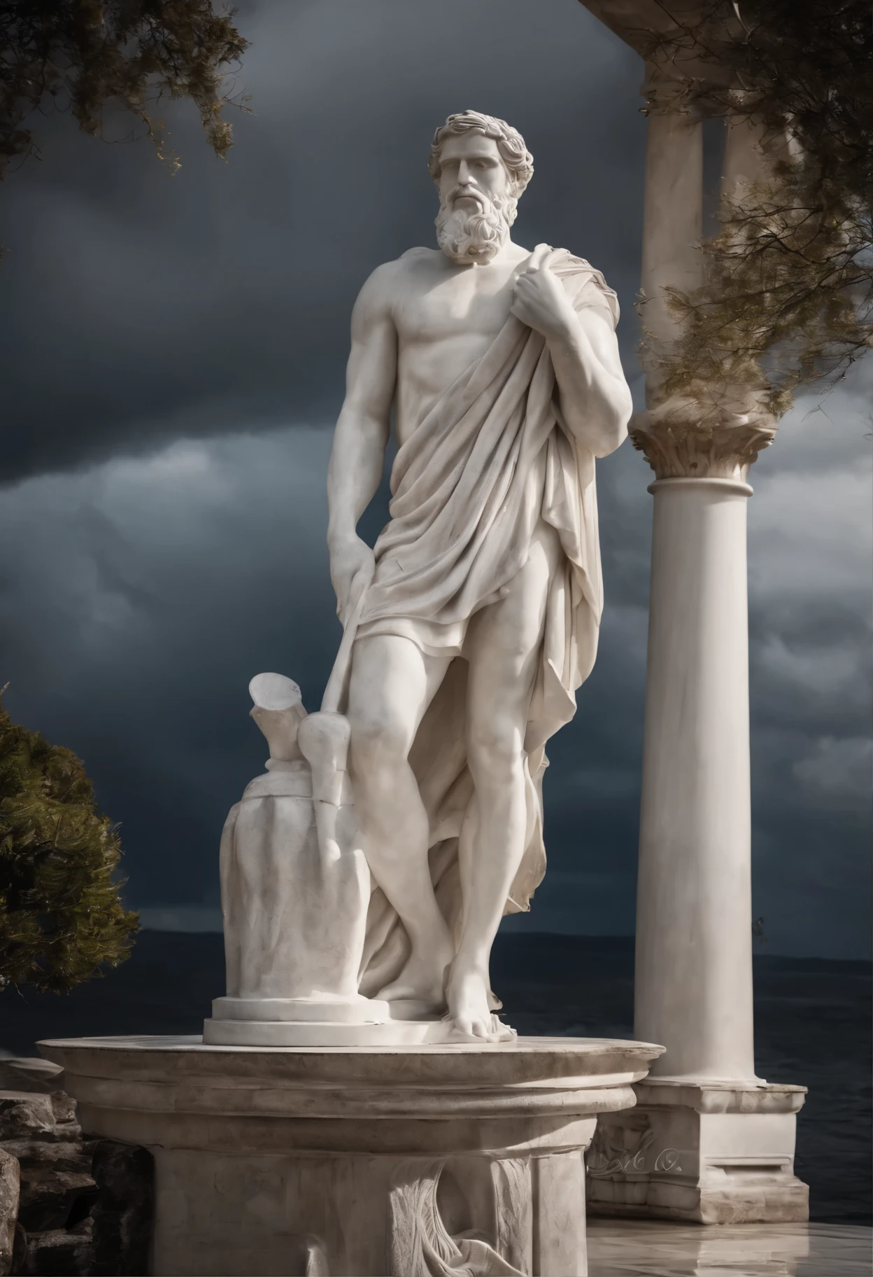 Statue of a Greek Stoic man with a strong and sound body，similar to zeus statue，marble，The body is wet with water，white and silver eyes，Ocean landscape background，The sea water splashing on the statue looks wet，rain effect，Rays pass behind the statue at various places in the photo