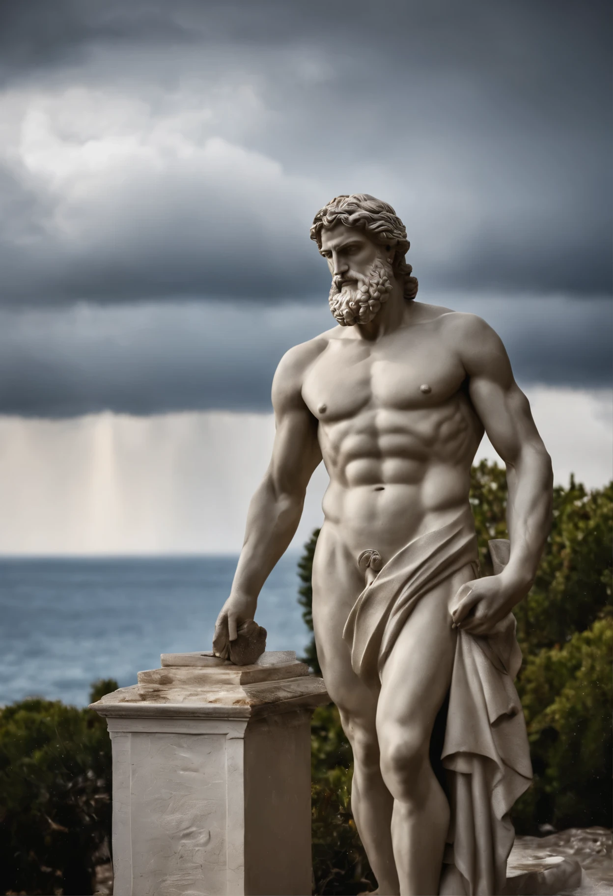 Statue Greek stoic man with a strong and robust body, similar to the ancient statue of Zeus, wet with water on the body, white and silver eyes, sea landscape background, sea water splashing on the statue looking like it is wet, rain effect, rays passing behind the statue in various places in the photo