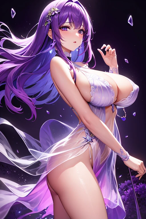 {{{{masterpiece}}}}, {{{super detailed}}}, {{{High resolution}}}, {{excellent anatomy}}, (((highest quality))), ((very delicate and beautiful)), {{very detailed and delicate}}, {8k cg wallpaper},One female、best style、beautiful woman、The most beautiful woman in the world、Purple water面に紫色の花が咲いている, soft purple glow, Purple background, Purple light, purple wisteria forest, Dynamic lighting for the wisteria season, art, Purple lights, Purple lighted street, shining purple, Purple petals are dancing everywhere、 The blossoming path to heaven, purple glow、Purple water、purple reflective water surface、purple light、(thin transparent dress:1.5),((big breasts))