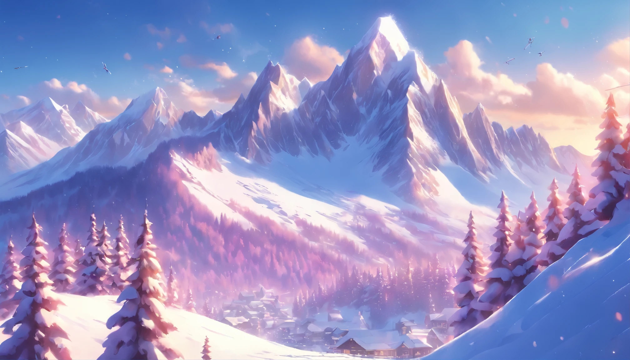 (best quality,4k,8k,highres,masterpiece:1.2),ultra-detailed,(realistic,photorealistic,photo-realistic:1.37),snow-capped mountains,panoramic landscape,vibrant colors,serene atmosphere,skiers on slopes,clear blue sky,winter wonderland,fresh powdery snow,smiling faces,enjoying the outdoors,adventure seekers,snowboarding down the mountains,skis gliding smoothly,crisp mountain air,steep slopes and thrilling descents,sparkling sunlight on snow,gorgeous alpine scenery,ski resort in the distance,cozy chalets with smoke coming out of chimneys,trees covered in snow,glistening icicles hanging from rooftops,mountains in the background casting long shadows,glowing sunset hues on the horizon,snowflakes gently falling,majestic peaks reaching for the sky,skilled skiers performing tricks and jumps,stunning natural beauty,perfectly groomed ski trails,mountains reflected in a frozen lake,peaceful and serene ambiance,adrenaline-pumping winter sports,spiral patterns left by ski tracks,expansive slopes for beginners and experts alike,joyful laughter and excited chatter,unforgettable winter adventure in the mountains.