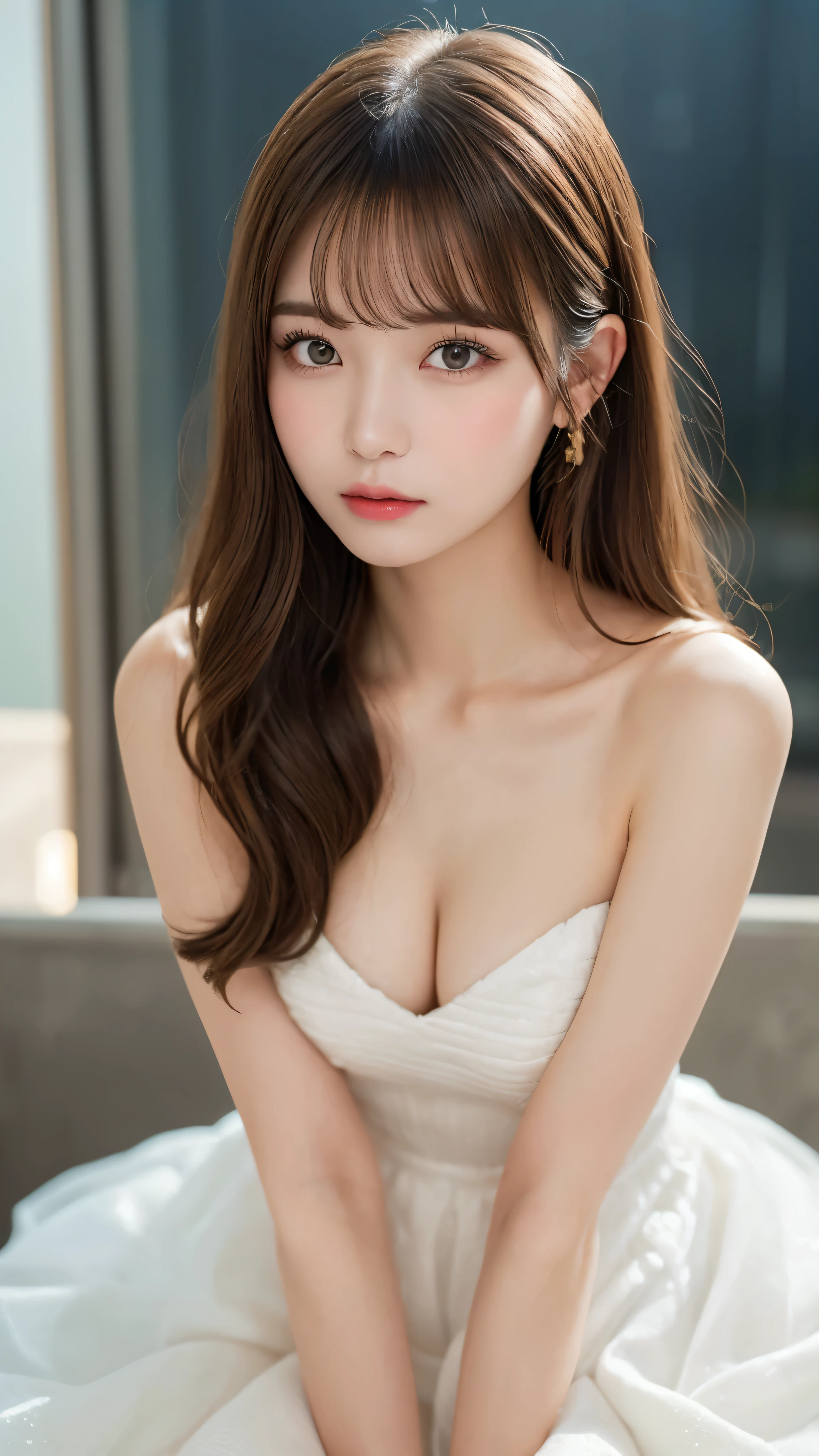 (masterpiece:1.5)、(realistic:1.5)、(highest quality:1.4、8K、RAW photo)、
ultra high resolution、professional lighting、perfect dynamic composition、indoors、
film grain、chromatic aberration、(Bokeh:1.1)、
Frank、Sophisticated、Charm、surreal、high detail、golden ratio、
(1 girl)、slender girl、繊細でCharm女の子、cute woman:1.4、
serious expression、looking at the viewer、
light brown hair、shining hair、Random cute hairstyles、
skin that looks real、
close your mouth、fine eyes、double eyelid、thin arms、
(Wearing a white party dress)