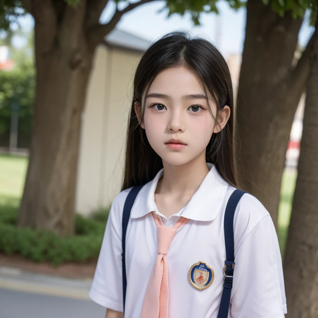 A 15-year-old boy，Oval face，peach blossom eyes，Wear a school uniform。