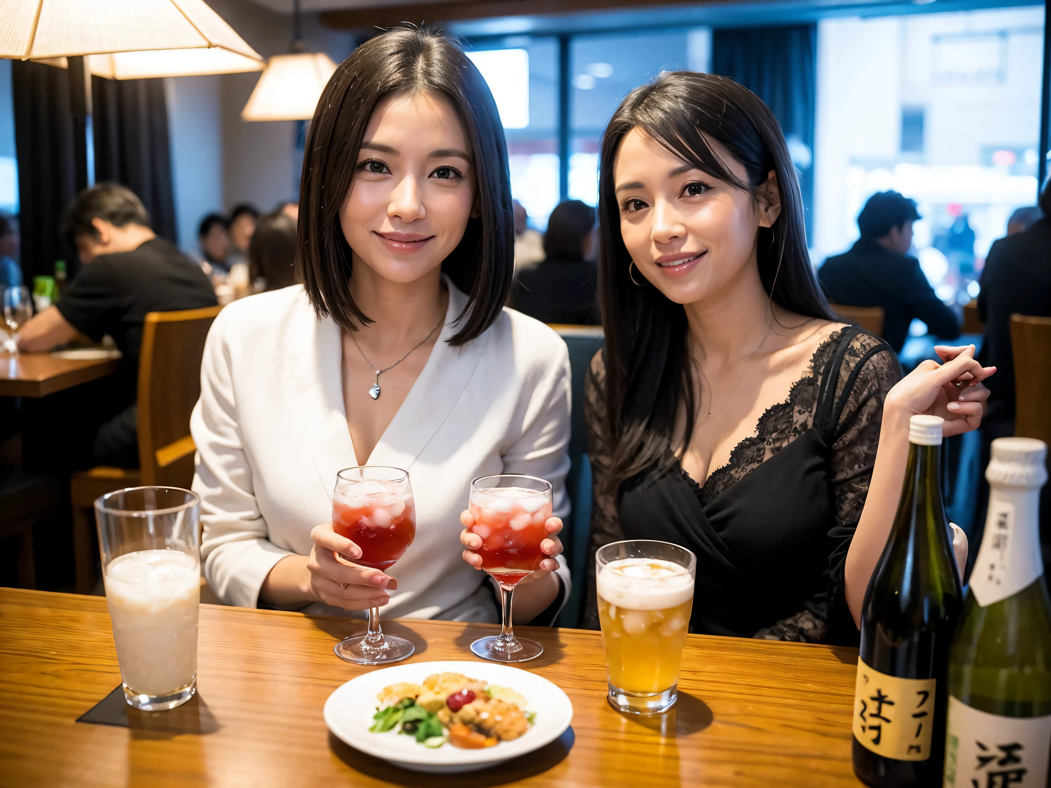 Detailed images that look like they were taken with a high-end camera、party、couple、banquet、Japanese sake、Shochu、hot sake、Japanese sakeファン、I love Japanese sake、because I&#39;thin、Women who drink alcohol、36 years old、38 years old、Colombia、Brazilian、Japanese、Dutch、German、Portuguese、Belgian、chiri、American、french、Spaniard、Italian、Indian、Englishman、Cut your hair short、brown hair、beautiful woman with glasses and cup、Japanese sakeグラスとワイングラスには清酒が入っています.、720m of Japanese sake、1.You can also see the 8L sake bottle...、There is also Choshi、adult woman in her 30s、Have a nice smile while enjoying a drink.、The location is a hotel restaurant..、You can see the beautiful night view of the city outside the window..、The floor is the 1st floor、In the background you can see a man and a woman enjoying alcohol...。
