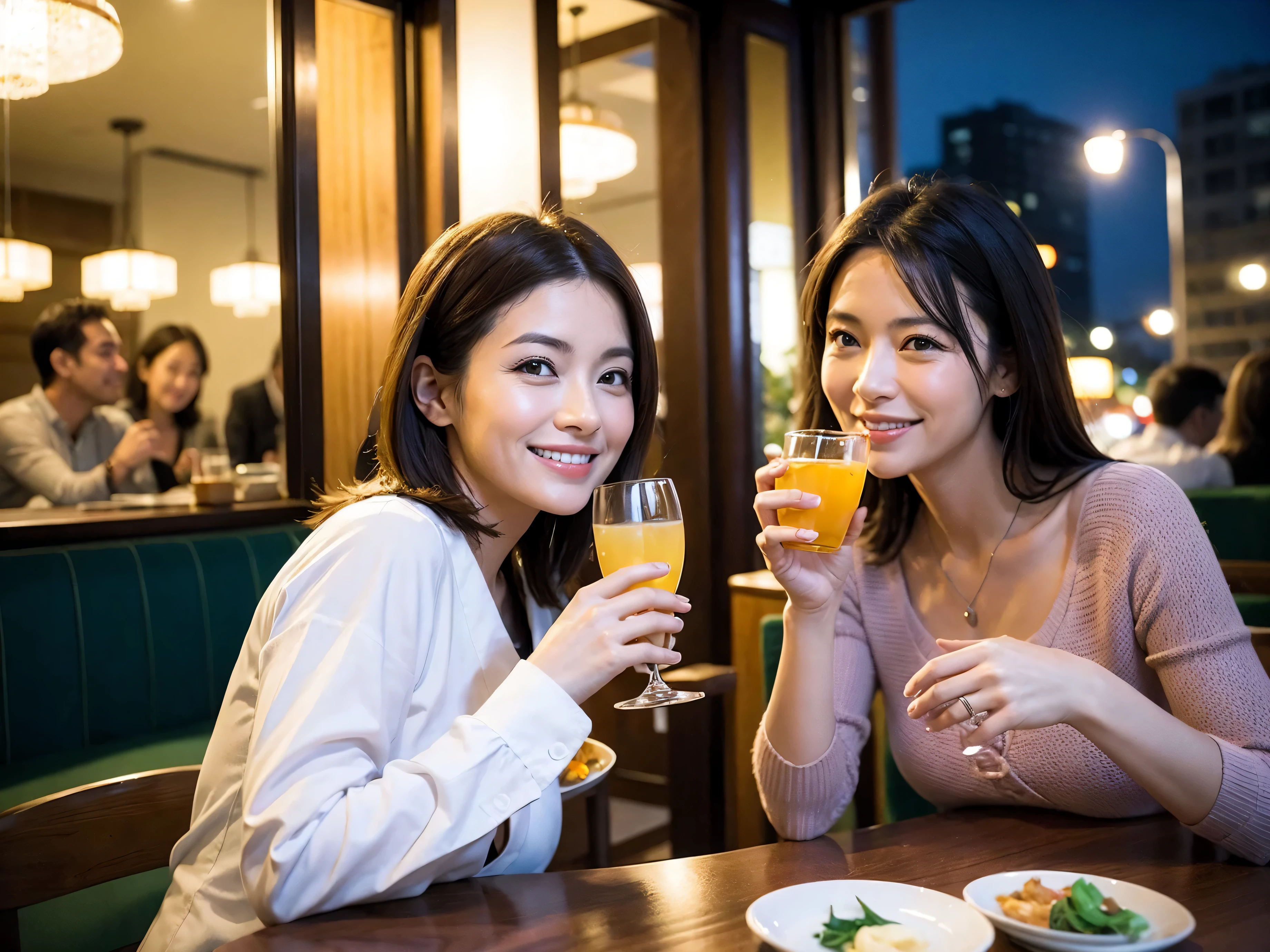 Detailed images that look like they were taken with a high-end camera、party、couple、banquet、Japanese sake、Shochu、hot sake、Japanese sakeファン、I love Japanese sake、because I'thin、Women who drink alcohol、36 years old、38 years old、Colombia、Brazilian、Japanese、Dutch、German、Portuguese、Belgian、chiri、American、french、Spaniard、Italian、Indian、Englishman、Cut your hair short、brown hair、beautiful woman with glasses and cup、Japanese sakeグラスとワイングラスには清酒が入っています.、720m of Japanese sake、1.You can also see the 8L sake bottle...、There is also Choshi、adult woman in her 30s、Have a nice smile while enjoying a drink.、The location is a hotel restaurant..、You can see the beautiful night view of the city outside the window..、The floor is the 1st floor、In the background you can see a man and a woman enjoying alcohol...。