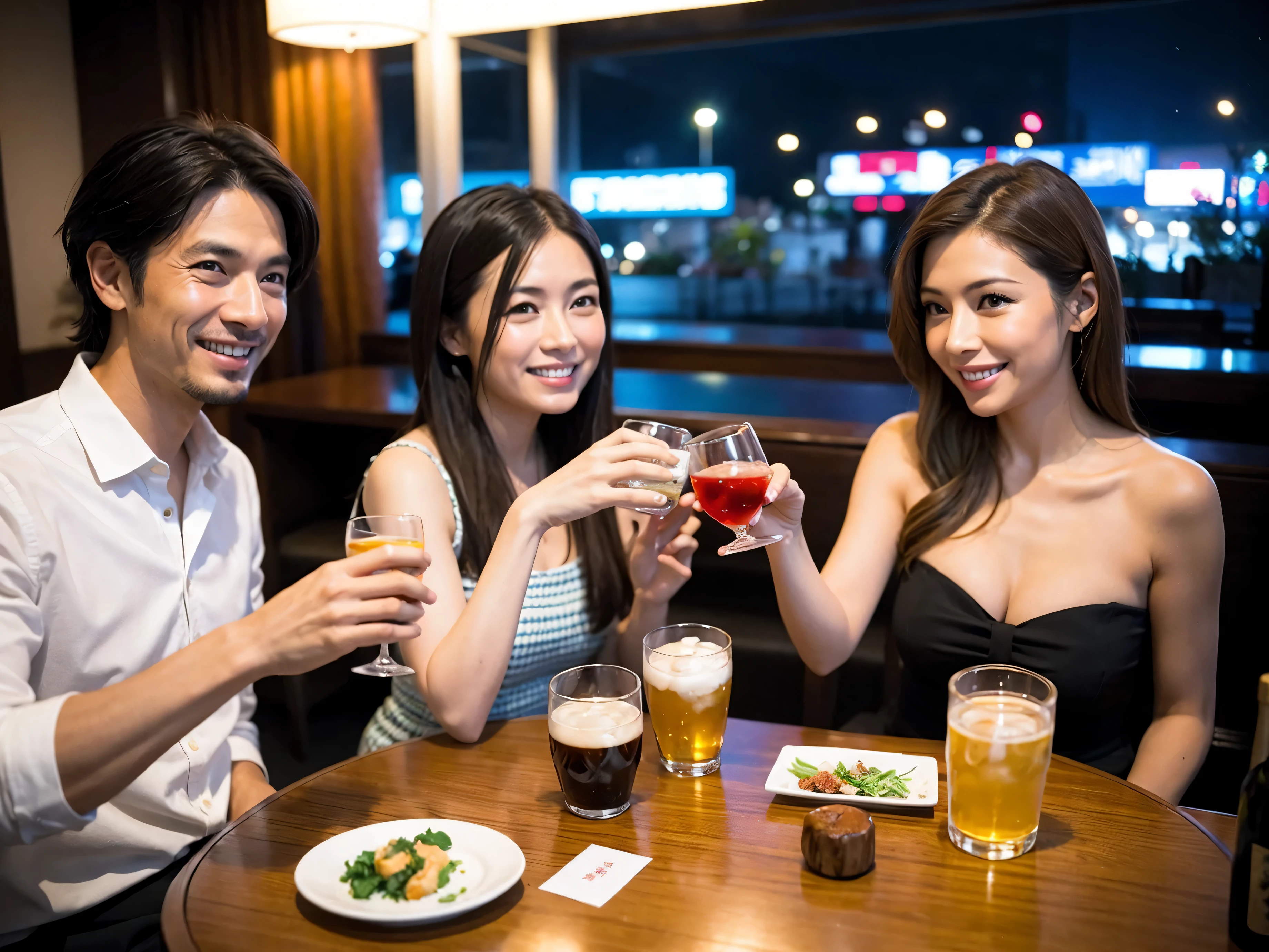 Detailed images that look like they were taken with a high-end camera、party、couple、banquet、Japanese sake、Shochu、hot sake、Japanese sakeファン、I love Japanese sake、because I'thin、Women who drink alcohol、36 years old、38 years old、Colombia、Brazilian、Japanese、Dutch、German、Portuguese、Belgian、chiri、American、french、Spaniard、Italian、Indian、Englishman、Cut your hair short、brown hair、beautiful woman with glasses and cup、Japanese sakeグラスとワイングラスには清酒が入っています.、720m of Japanese sake、1.You can also see the 8L sake bottle...、There is also Choshi、adult woman in her 30s、Have a nice smile while enjoying a drink.、The location is a hotel restaurant..、You can see the beautiful night view of the city outside the window..、The floor is the 1st floor、In the background you can see a man and a woman enjoying alcohol...。