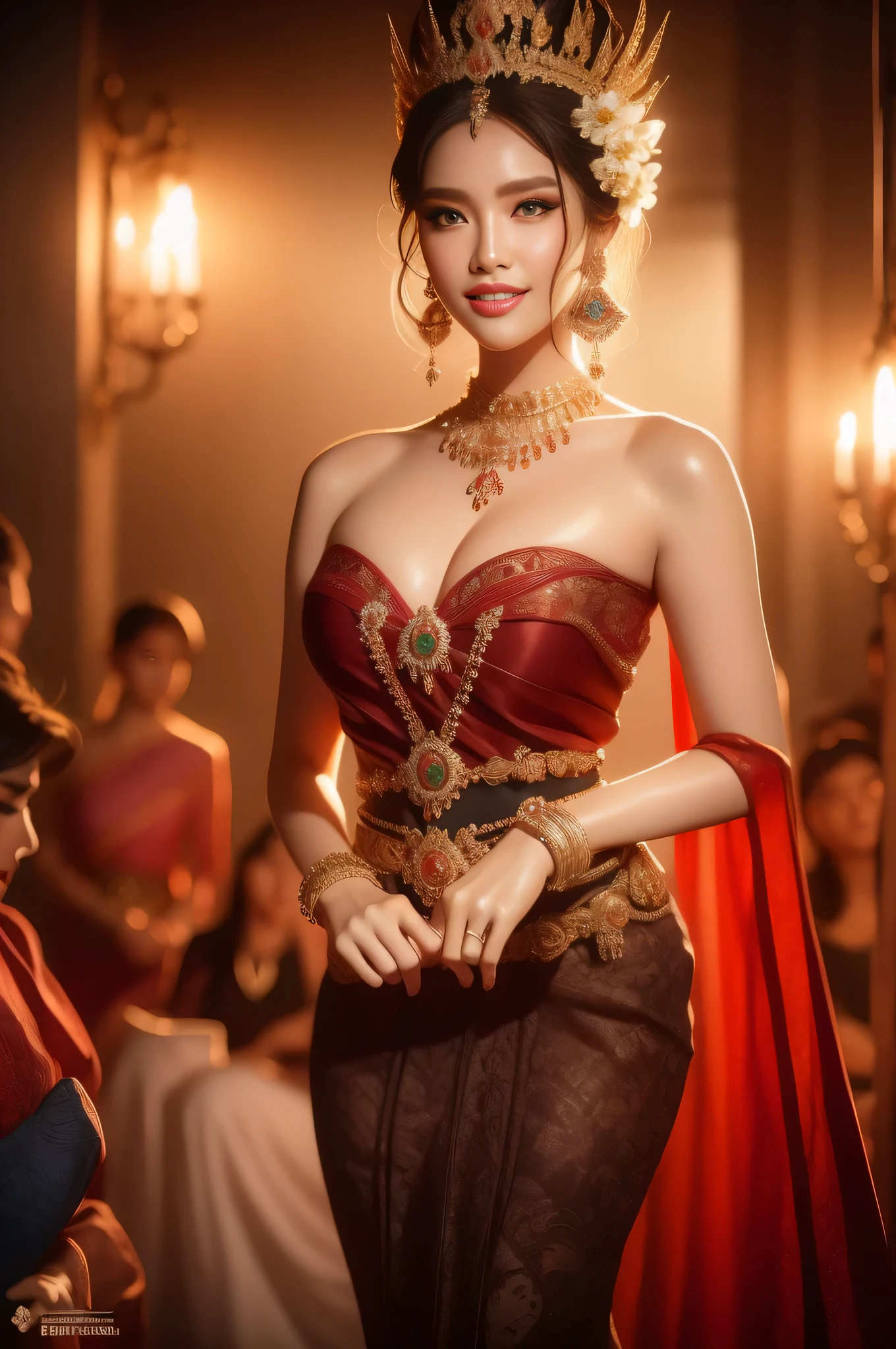 1 18 year old fashion model,plump body, [[[[close the divide]]]], [[[[big breasts]]]], [[[[call]]]], [[[[shoulder]]]], perfect eyes, perfect iris，perfect lips，perfect teeth，Perfect beautiful skin，Beautiful face，Charming smile,Weak headlights，HDR，red dress，Keep an eye on the audience,Ancient Thai dress，Stand in a seductive position.. ,Long shiny black hair，ผมยาวมีผ้าคลุมshoulder，The background is external..，beautiful flower garden background ,Image color temperature 4000k,Keep an eye on the audience.
