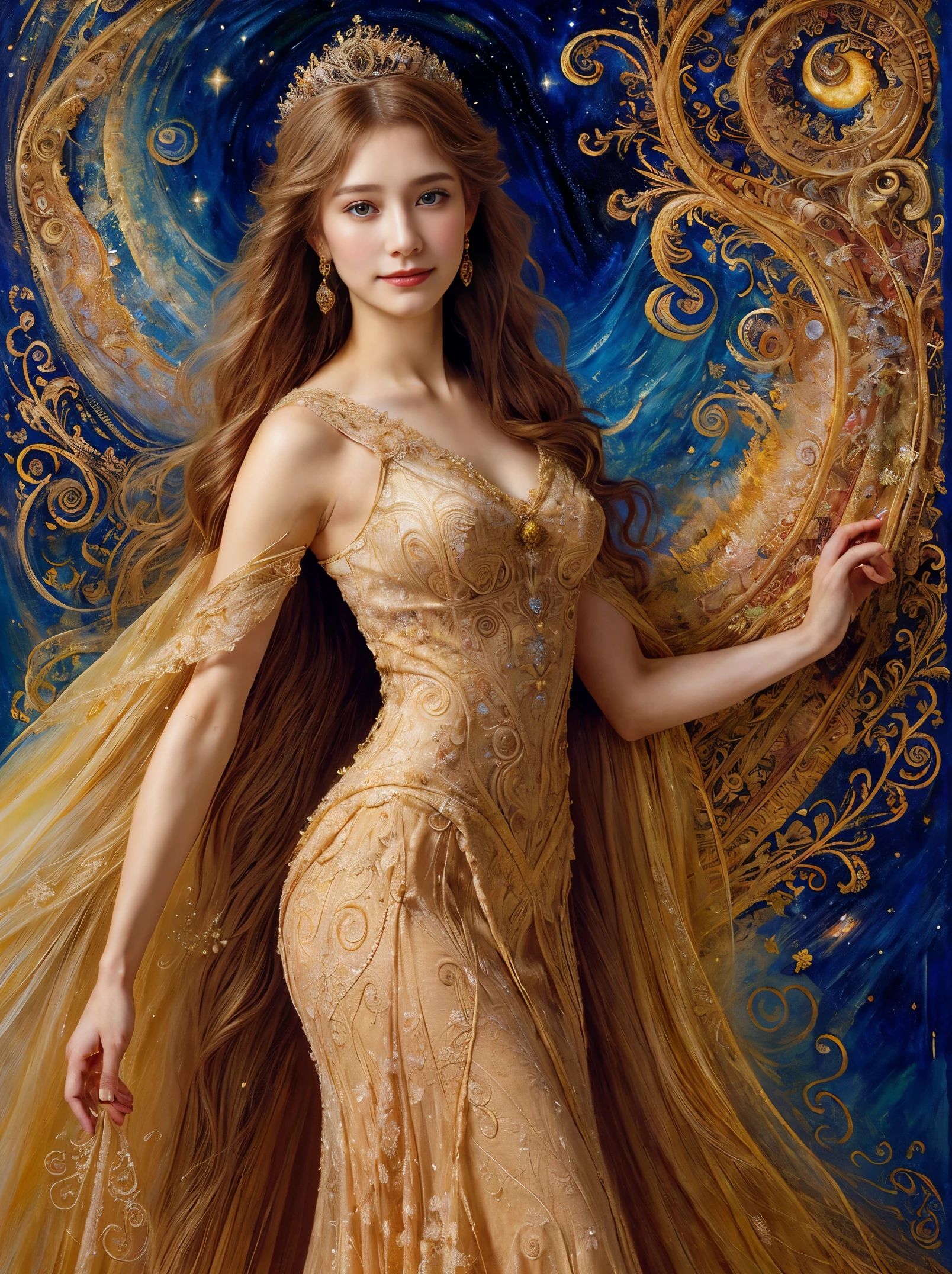 a solo beautiful princess, elegant, detailed, pretty, (rubenesque), (romanesque background), (night sky), elegant detailed dress, (art by dgtlv2 and henry asencio and zeen chin and josephine wall and edwin deakin), (masterpiece), (good anatomy),