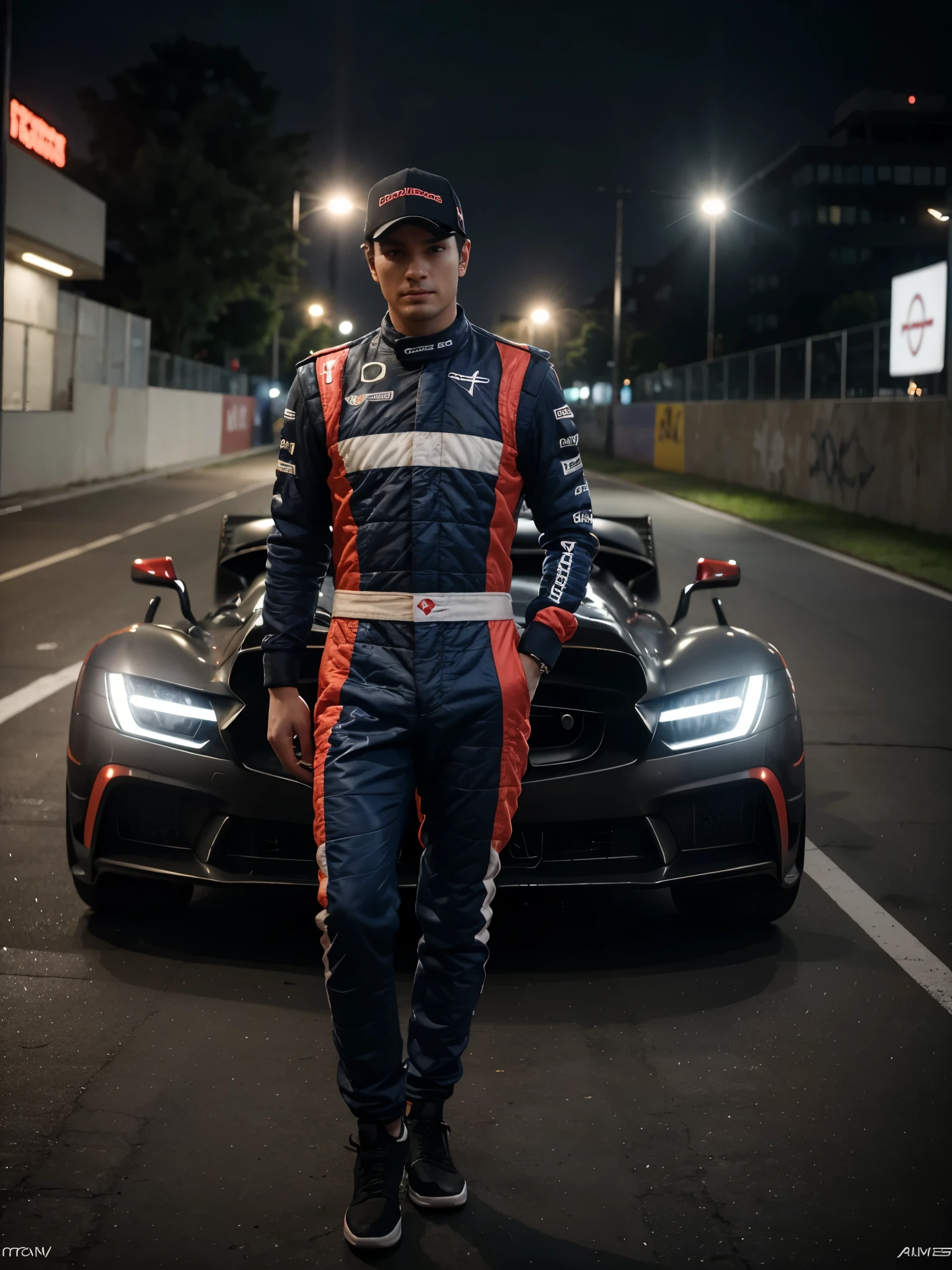 An F1 driver is standing in front of a f1 car and behind him are red and blue fill lights which are diffused by the haze. Studio photography, fill lighting, anatomically correct body, logo, dark scene, super detailed, photorealistic, 8k, 16k, hdr