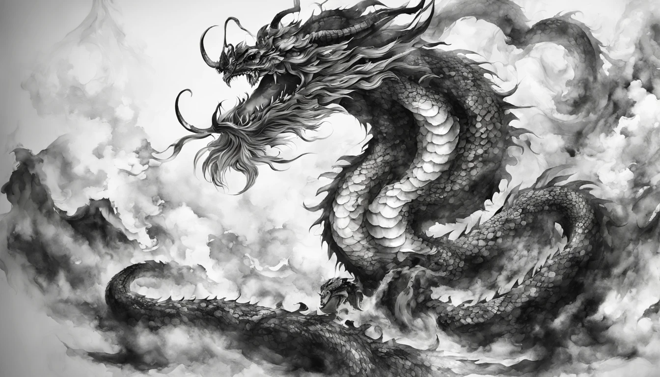 ink painting dragon、black and white divine dragon、black and white ink painting、dragon ink painting、Divine dragon ink painting、no people are depicted、Ink painting of divine dragon only、