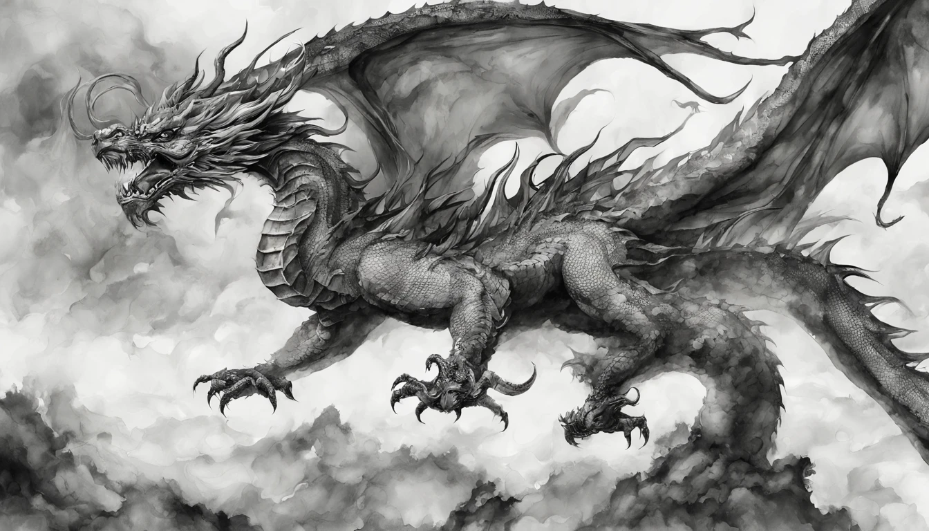 ink painting dragon、black and white divine dragon、black and white ink painting、dragon ink painting、Divine dragon ink painting、no people are depicted、Ink painting of divine dragon only、