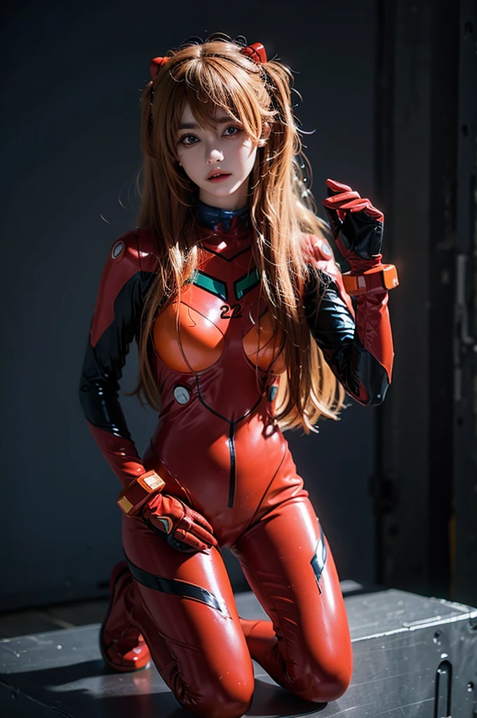 best quality, masterpiece, realistic, photorealistic, 1girl, solo, looking at viewer, full body, kneeling, long hair, asuka cosplay costume, cosplay, plugsuit, bodysuit, hair ornament, simple background,