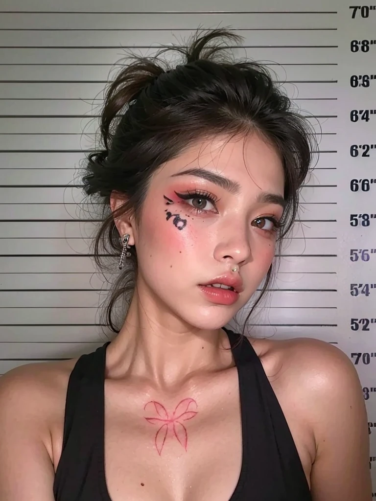 Mujer arafed con un tatuaje en el pecho y una foto policial., cruel korean gothic girl, ulzzang, marcas en su cara, pupilas hendidas, ((rojo)) ojos holgados, con tatuaje facial, small lips pointed nose, de chica taiwanesa con tatuajes, cara sexy con maquillaje completo, mirada aterradora, Jinyoung Shin, ojos oscuros y penetrantes