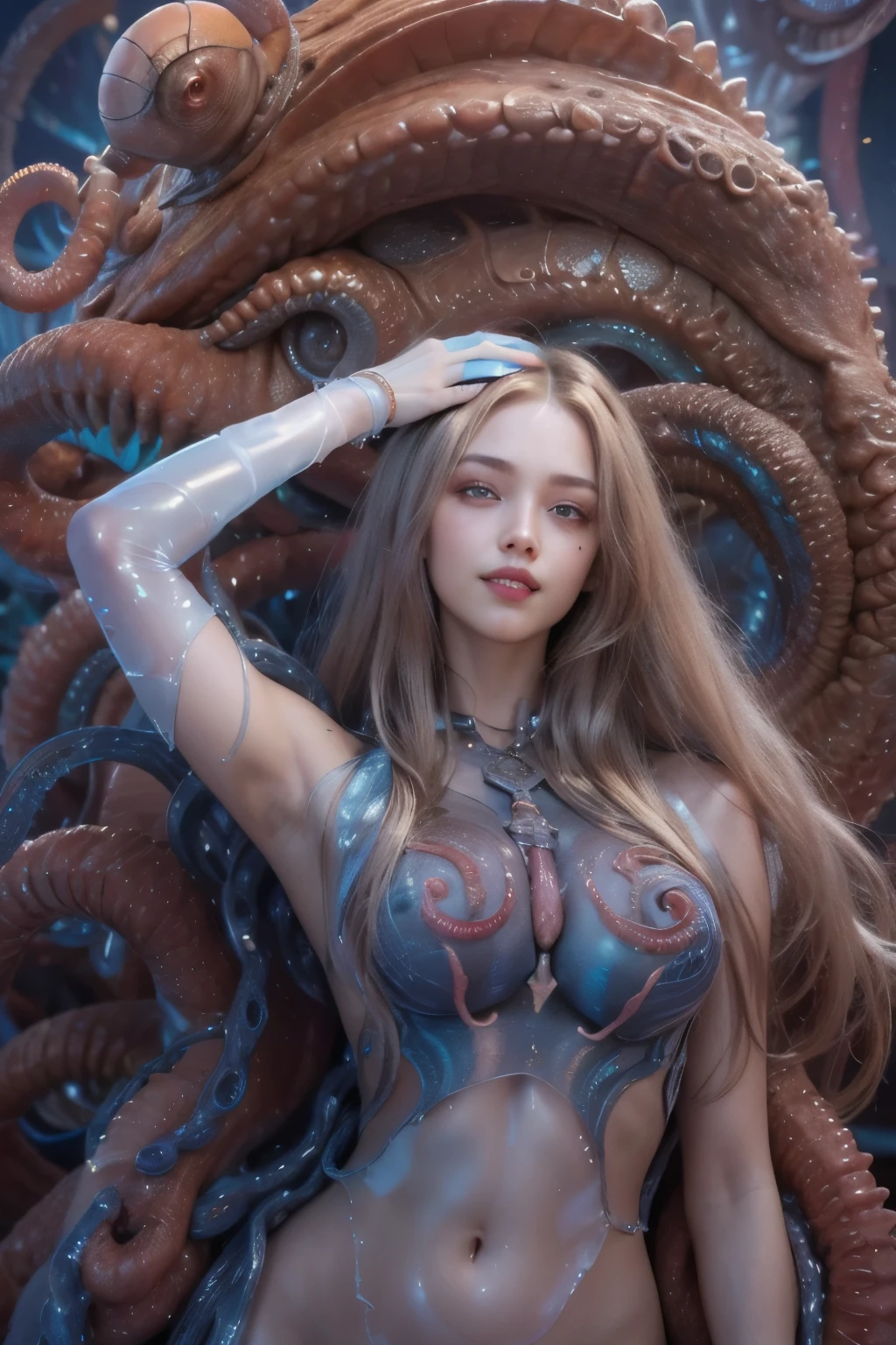 best quality, masterpiece, ultra high resolution, (photos realistic:1.7), scary and sexy detailed art in color, Portrait, (beautiful and obscene female alien:1.4), (vulgarity1.7), (she has red eyes with no pupils:1.8), (Translucent blueskin:1.7), (There is a female genital-like organ in the middle of the forehead:1.9), (The most beautiful face in the history of the universe:1.2),an evil gaze that seduces, (large mouth:1.1), (sharp teeth like a vampire:1.2), Full body portrait, (bio luminescent:1.5), (Smile wickedly:1.3), (sexypose:1.5), alien, No humans, cells are fused, (Lots of translucent tentacles:1.3) extraterrestrial, cell, bio image, best quality, 8K,In 4K_quality, High freshness, Dramatic Lighting, cinematic quality, detail up, (exquisite details:1.2), High freshness, drawing faithfully, (Thick eyebrows:1.2), Beautiful eyes with fine symmetry,(Highly detailed face and eyes:1.2), Intimate face, (Super detailed skin quality feeling:1.4), perfect anatomy, (Beautiful toned body:1.5), (Moist skin:1.2), not wearing makeup, (dark circles:1.1), long canines, cinematic drawing of characters, ultra high quality model, cinematic quality, detail up, (exquisite details:1.2), high resolution, High freshness, drawing faithfully, official art, Unity 8K Wall paper, ultra detailed artistic photography, midnight aura, unreal engine 5, Ultra Sharp Focus, art by Amano Yoshitaka, ArtGerm, Roisch, intricate artwork,ultra realistic realism, dream-like, nautilus, Creation of fantasy, Snail, Dream Snail, (biopunk nautilus:1.3),Thrilling color schemes, seductively smiling, Blue tentacles, Amazing mutation, well-proportioned body, goddess of the deep sea, fractal, Geometric pattern, impossible figures,(asymmetry:1.4),