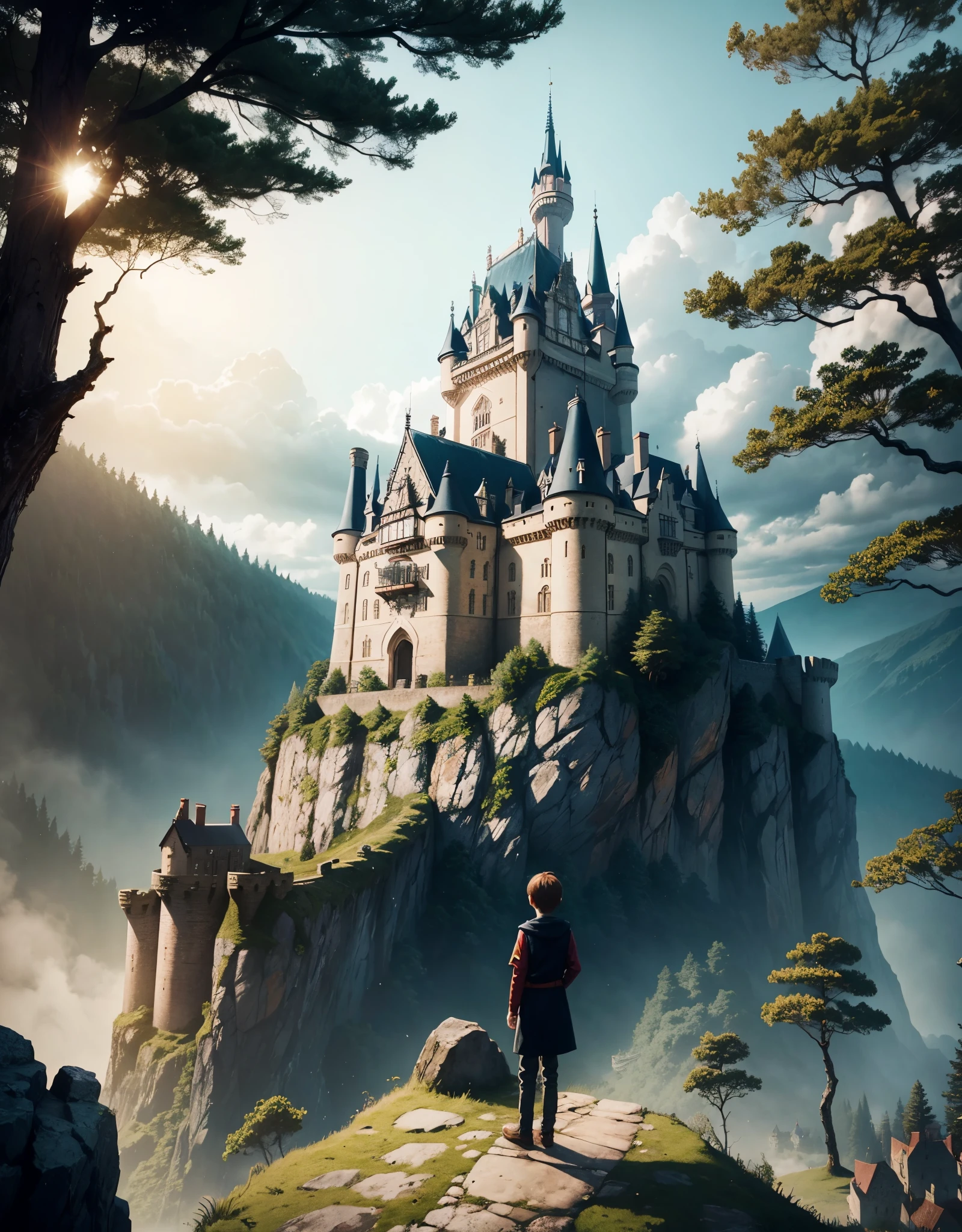 Boy standing on a rock in the forest looking at the castle, cat ears, back to observer