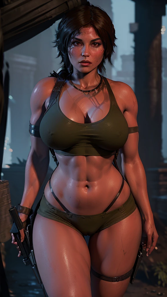 Image of a stunningly beautiful woman, front view, ((((hot image to Lara croft from Rise of the tomb raider wearing an underboob top and mini tactical shorts)))), beautiful fantasy background, she is stunningly gorgeous, her nose is beautiful and sharp, she has a perfect jawline, she has a beautiful makeup)))), (((huge breasts))), (((huge hips))), (detailed face:1.2), (detailed eyes:1.2), (detailed background), (((huge body))), (((((huge hips))))), ((slightly far from shot)), she is a white wo