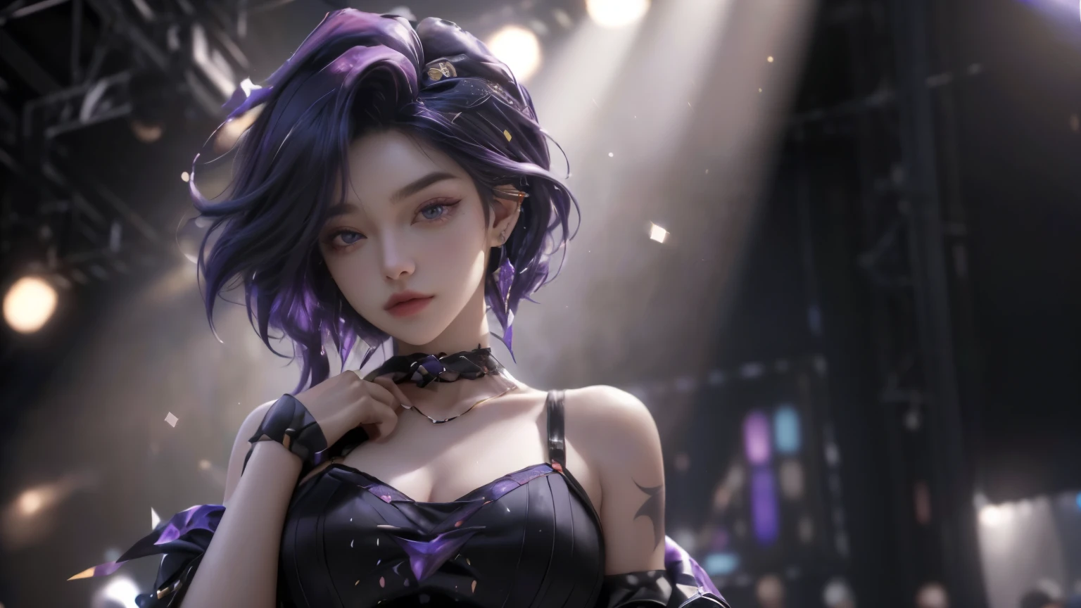 (best quality,4k,8k,highres,masterpiece:1.2),ultra-detailed,(realistic,photorealistic,photo-realistic:1.37),1girl,kda,solo,short hair,black dress,purple hair,looking at viewer,earrings,upper body,on stage,portraits,vivid colors,stage lights,garter belt,long socks,jacket shoulder,young
