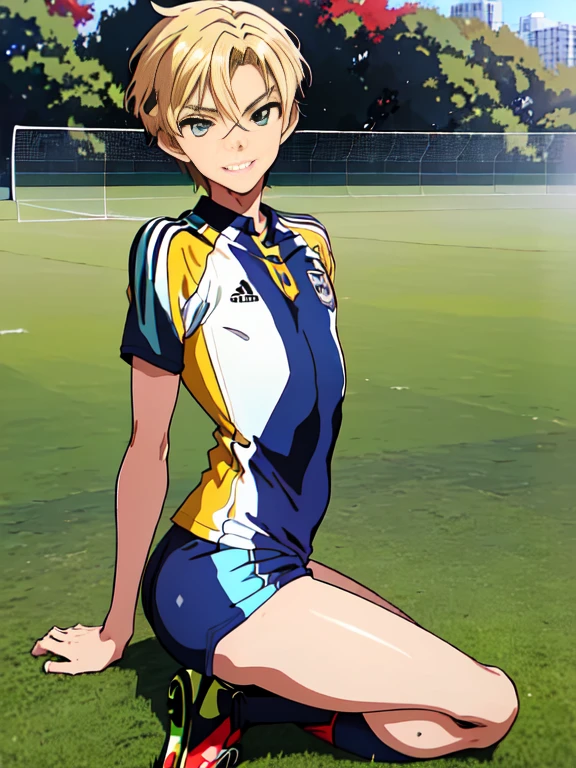 official art,anime screen cap、Super thin illustration、 High resolution, muste piece, best quality,best quality,high quality, detailed,  (little boy),12 years old, A young ace striker male idol with a super cute face,A boy as beautiful as Planding, Cool handsome face with smile, soccer spike, long legs, thighs, Foots, Bulge, (blonde hair、short haired:1.4)、 shiny hair,  (Tight shiny very short soccer uniform suit), (tight soccer shorts),  grassy area, cool pose, (厚いthighs、Seduce your big ass to your crotch、(((soccer field in the park)))、((Saucy、))、grinning grin、showing your butt、ultra fine painting, (best quality, In 4K, 8K, High resolution, muste piece:1.2)