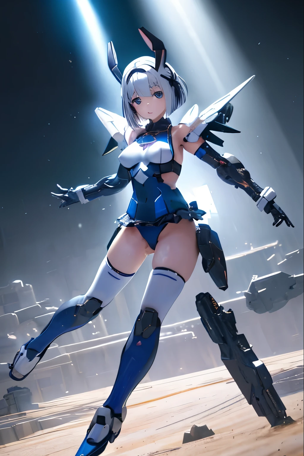 (highest quality)), ((masterpiece)), (very detailed: 1.3), 3D,  (wear dark blue Old School Swimsuit under armor:1.3), 1 girl, unarmored waist, wears a futuristic white Gundam mecha,(Gundam), with headgear, with v-fin , armored shoulders,armored under arms, armored under legs, dark blue Old School Swimsuit, 2 marine thrusters attached on back, marine thrusters are symmetrical,  under the calm waters of Iceland, multilayer textureperfect proportions, octane rendering, duotone lighting, Low ISO, wide aperture, White balance, Rule of thirds, ultra HD16k, HDR (High Dynamic Range), Ray Tracing, NVIDIA RTX, Super Resolution, Subsurface Scattering, PBR Texturing, Post Processing, Anisotropic Filtering, Depth of Field, Maximum Clarity and Clarity, High efficiency subpixel, subpixel convolution, particles of light, light scattered, Tyndall effect, full body:1.5, battle pose, cute, (cute:1.2), (bob cut:1.3),三つ編み, 黒髪, 太い眉毛, 薄い色の虹彩, 大きくて輝いている黒い瞳, 長いまつげ, 小さく薄い色の自然な唇, (Average face of Japanese idols), (日本人特有の童顔:1.3), (), 広いおでこ:1.2, ふっくらした頬, 小さな顎, looking at viewer,Focus on the eyes