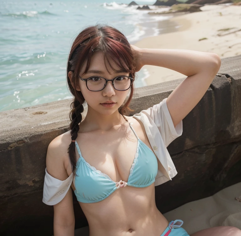 Korean Asian woman wearing glasses,beach, have glasses, Korean girl, แว่นตาthick, 18 years old., 22 years old, thick, 21 years old, beautiful Asian girl, Asian girl, เด็กสาวและcute, have glasses on, phenomenon, cute, big glass, สาวแมวcuteมาก...,Japanese school uniform,braid,red hair,smooth,sea,beach,sand,น้ำsea