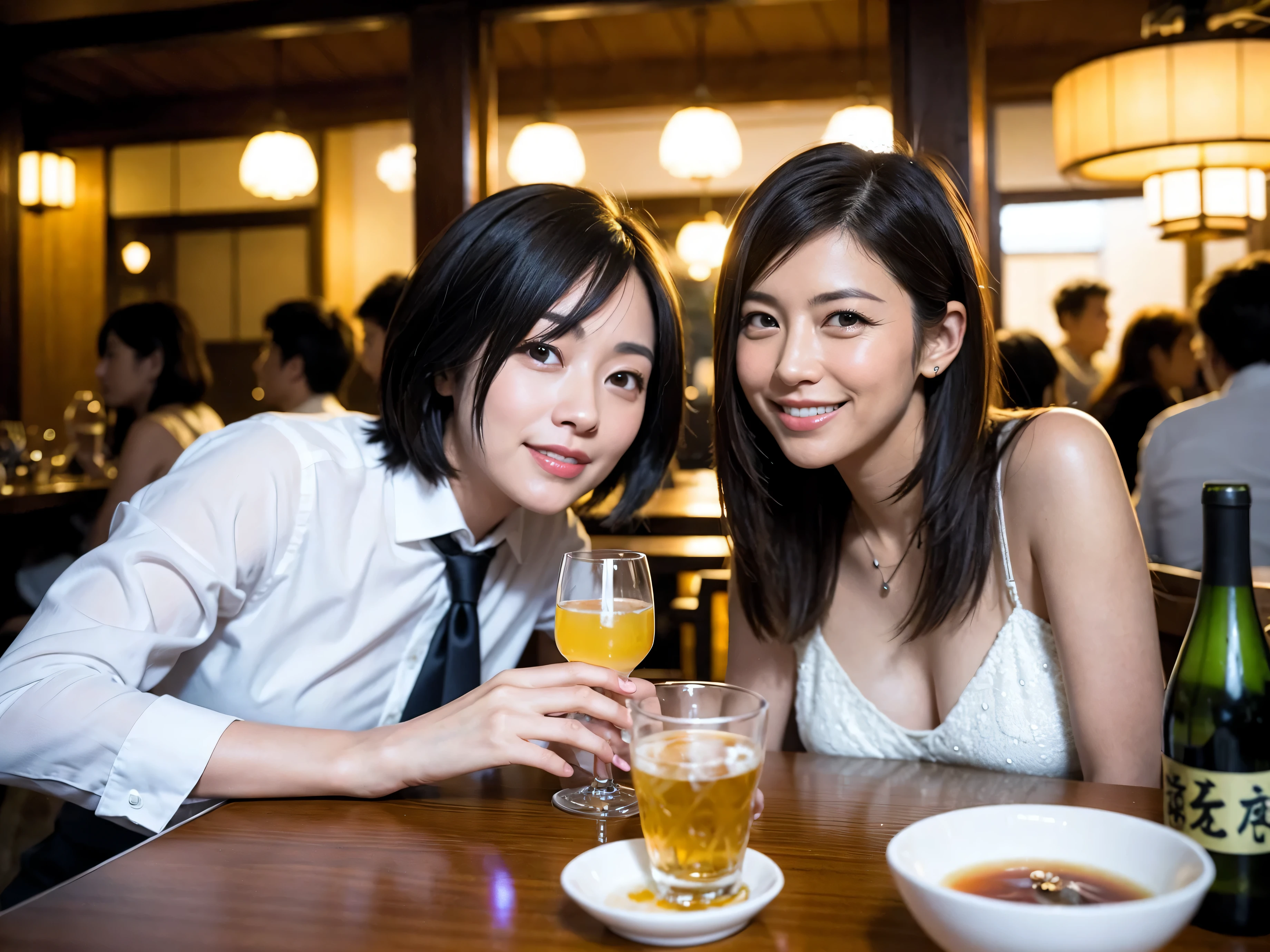 Detailed images that look like they were taken with a high-end camera、party、couple、banquet、Japanese sake、Shochu、hot sake、Japanese sakeファン、I love Japanese sake、because I'thin、Women who drink alcohol、36 years old、38 years old、Colombia、Brazilian、Japanese、Dutch、German、Portuguese、Belgian、chiri、American、french、Spaniard、Italian、Indian、Englishman、Cut your hair short、brown hair、beautiful woman with glasses and cup、Japanese sakeグラスとワイングラスには清酒が入っています.、720m of Japanese sake、1.You can also see the 8L sake bottle...、There is also Choshi、adult woman in her 30s、Have a nice smile while enjoying a drink.、The location is a hotel restaurant..、You can see the beautiful night view of the city outside the window..、The floor is the 1st floor、In the background you can see a man and a woman enjoying alcohol...。