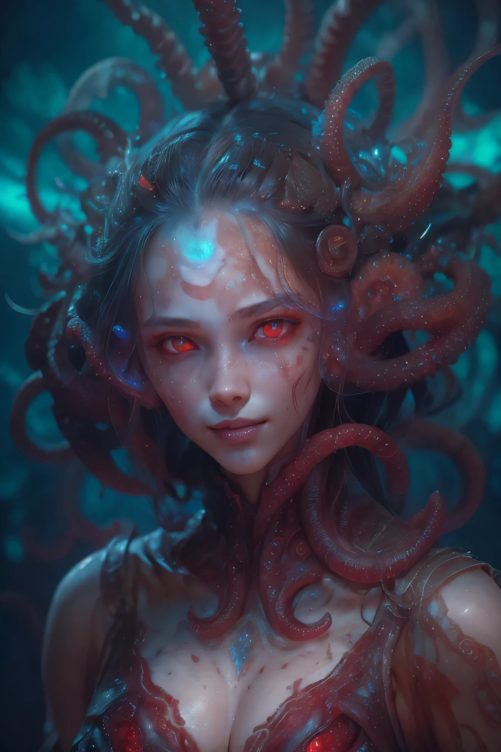 Portrait, (beautiful female alien:1.2), (she has red eyes with no pupils:1.8), (Translucent skin:1.7), (There is a female genital-like organ in the middle of the forehead:1.9), (The most beautiful face in the history of the universe:1.2),an evil gaze that seduces, (large mouth:1.1), (sharp teeth like a vampire:1.2), Full body portrait, (bio luminescent:1.5), (Smile wickedly:1.3), (sexypose:1.5), alien, No humans, cells are fused, (Lots of translucent tentacles:1.3) extraterrestrial, cell, bio image, best quality, 8K,In 4K_quality, High freshness, Dramatic Lighting, masutepiece:1.5,cinematic quality, detail up, (exquisite details:1.2), high resolution, High freshness, drawing faithfully, (Thick eyebrows:1.2), Beautiful eyes with fine symmetry,(Highly detailed face and eyes:1.2), Intimate face, (Super detailed skin quality feeling:1.4), perfect anatomy, (Beautiful toned body:1.5), (Moist skin:1.2), not wearing makeup, (dark circles:1.1), long canines, cinematic drawing of characters, ultra high quality model, cinematic quality, detail up, (exquisite details:1.2), high resolution, High freshness, drawing faithfully, official art, Unity 8K Wall , 8K Portrait, best quality, Very high resolution, ultra detailed artistic photography, midnight aura, unreal engine 5, Ultra Sharp Focus, art by alberto seveso, ArtGerm, Roisch, intricate artwork, best quality, masterpiece, ultra high resolution, (photos realistic:1.4), ultra realistic realism, dream-like, nautilus, Creation of fantasy, Snail, Dream Snail, (biopunk nautilus:1.3),Thrilling color schemes, ultra realistic realism, seductively smiling, Blue tentacles,