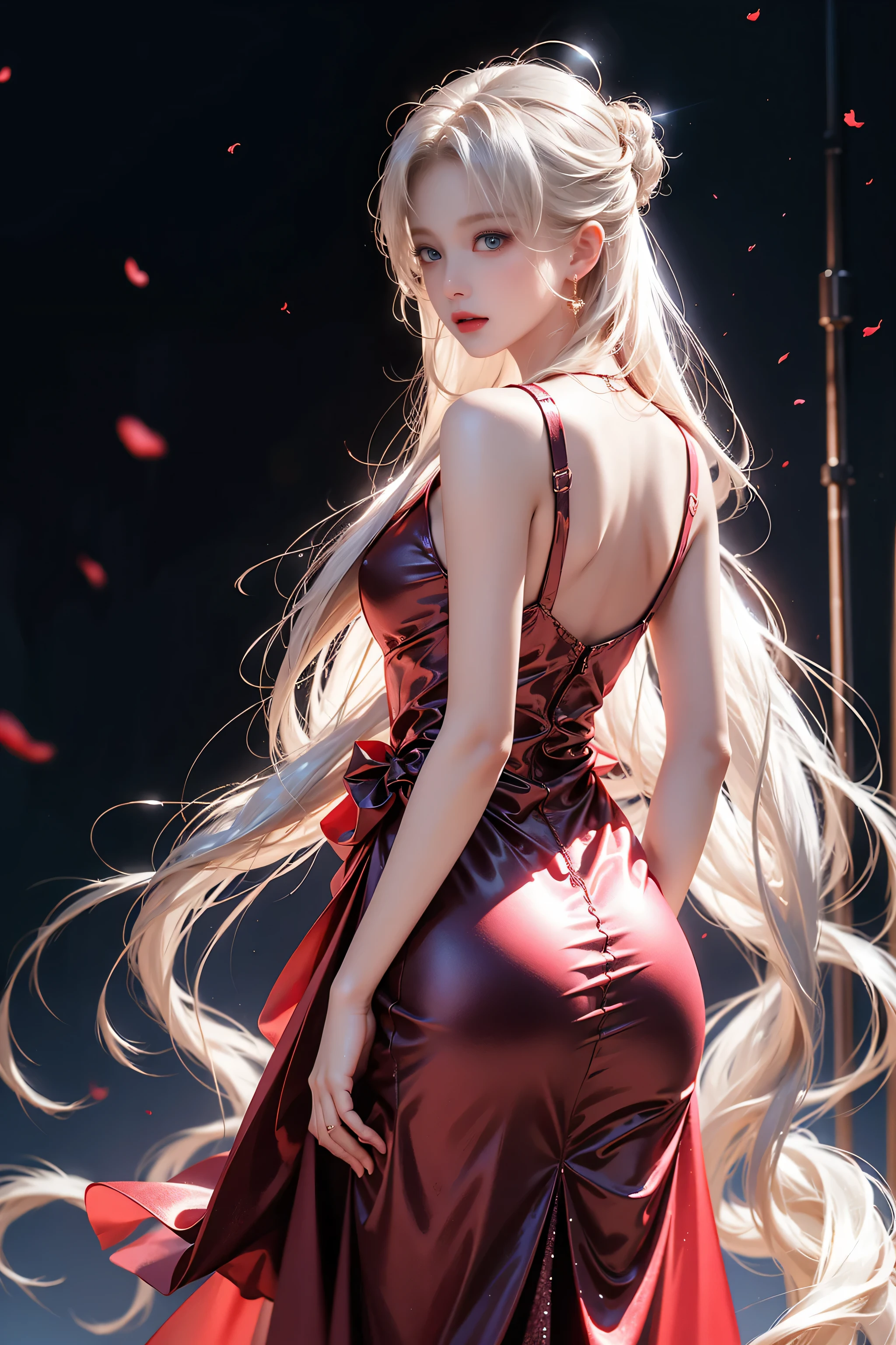 [white-skinned woman:1.2, with long coiled hair:1.2, elegant red color dress, Collapsed nose, bright brown eyes], sporty attire, VSCO filter: C8)